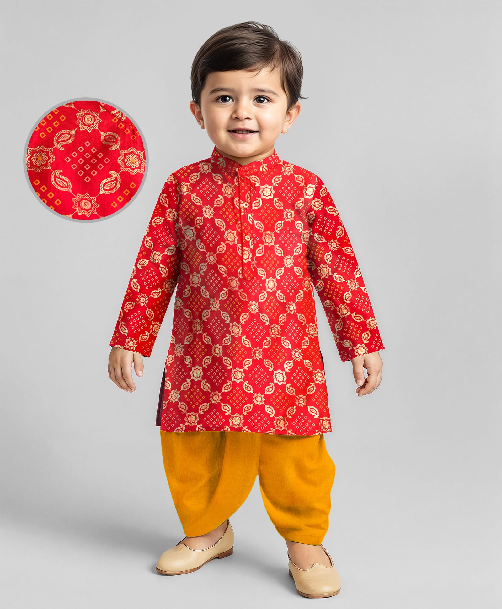 EARTHY TOUCH Woven Full Sleeves Kurta Dhoti Set with Bandhani Glitter Print - Red-image-15