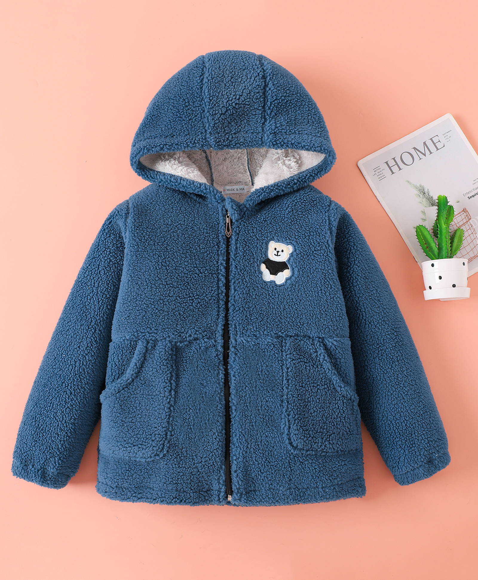 Mark & Mia Full Sleeves Hooded Fur Winter Jacket With Bear Patch Detailing - Blue-picture-27