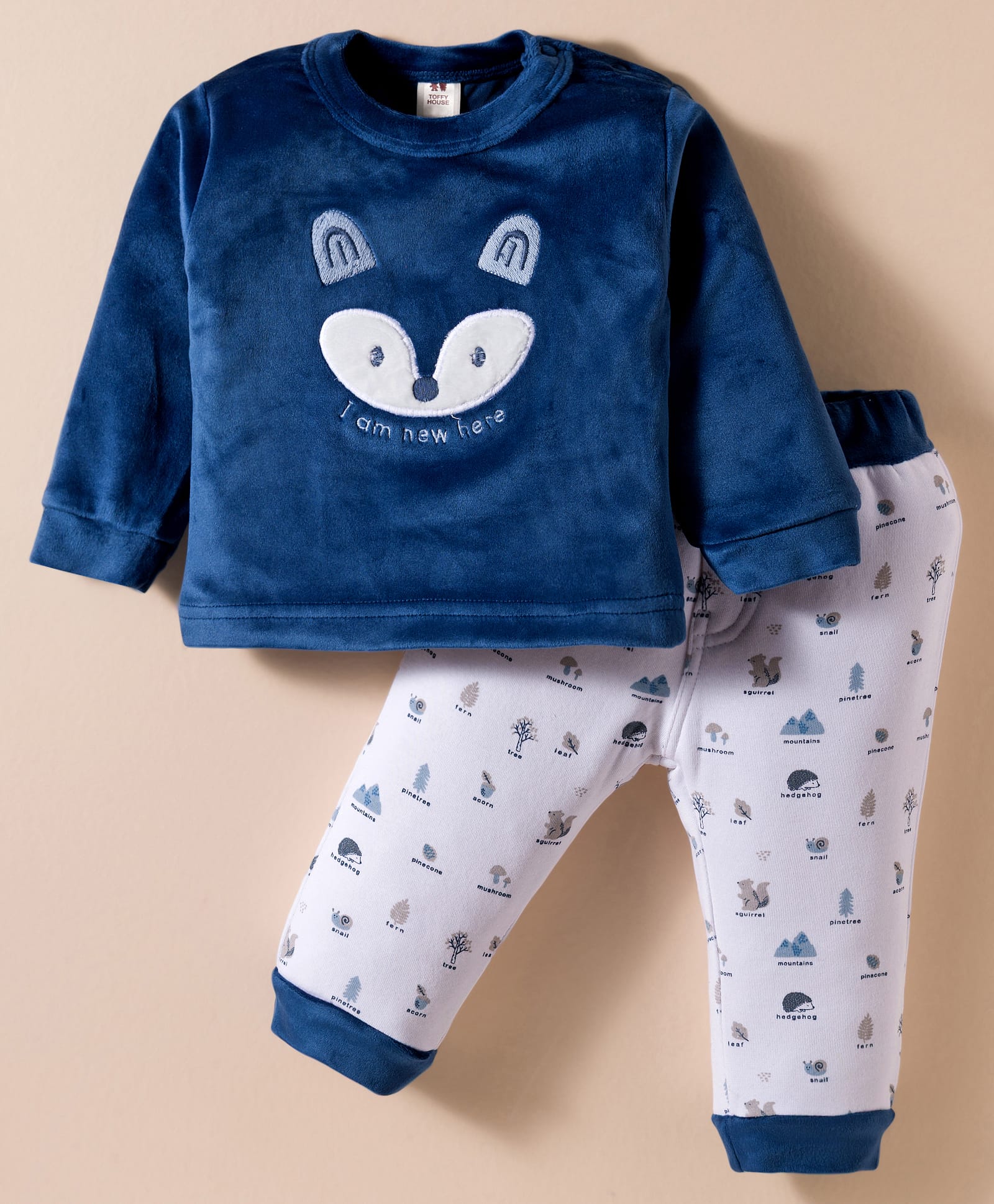 ToffyHouse Fleece Knit Full Length Winter Wear Night Suit With Animal Face Embroidery - Navy Blue-picture-29