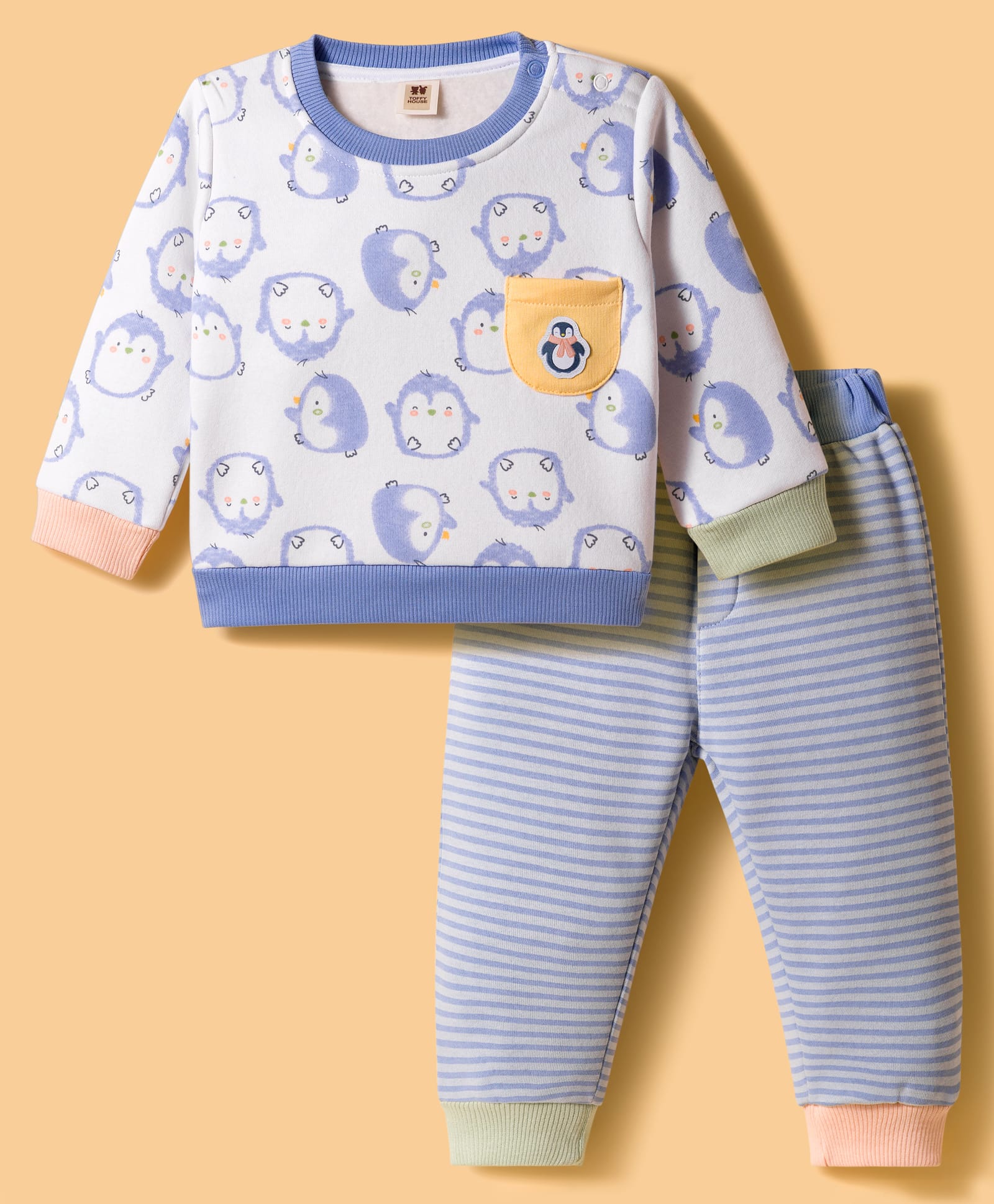ToffyHouse Knit Full Sleeves Footed Winter Wear Sleepsuit With Animal Print - Blue