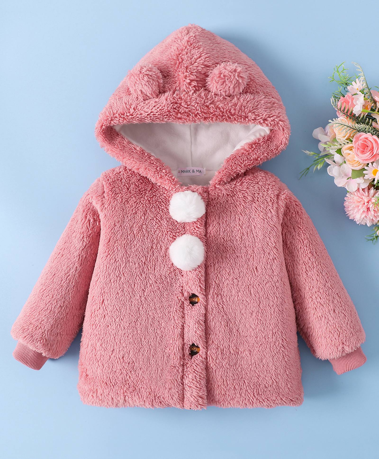 Mark & Mia Full Sleeves Hooded Fur Winter Jacket With Pom Pom Applique - Pink-picture-21