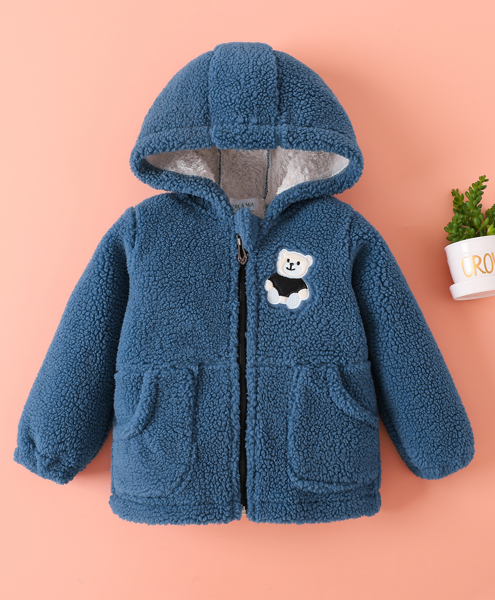 Mark & Mia Full Sleeves Hooded Fur Winter Jacket With Bear Patch Detailing - Blue-picture-11