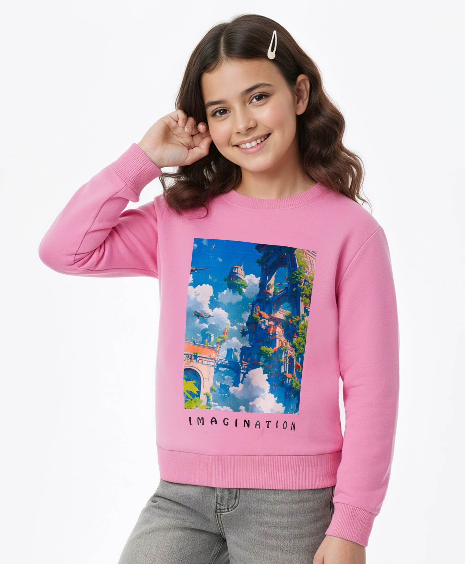 Pine Kids Cotton Knit Full Sleeves Sweatshirt with Imagination Graphic - Pink-picture-23