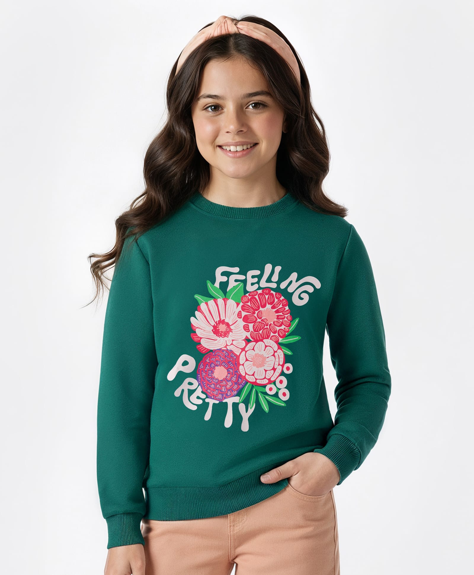 Pine Kids Cotton Knit Full Sleeves Sweatshirt With Feeling Pretty Text & Floral Print - Dark Green-image-14