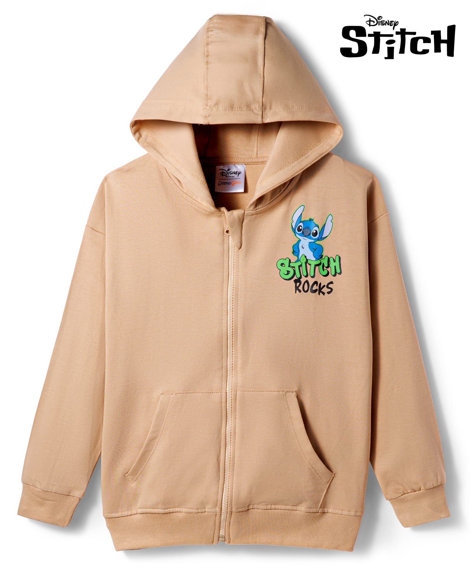 Primo Gino Disney Terry Knit Full Sleeves Hooded Sweatjacket with Front and Back Stitch Graphics and Pocket Detailing - Tan-image-9