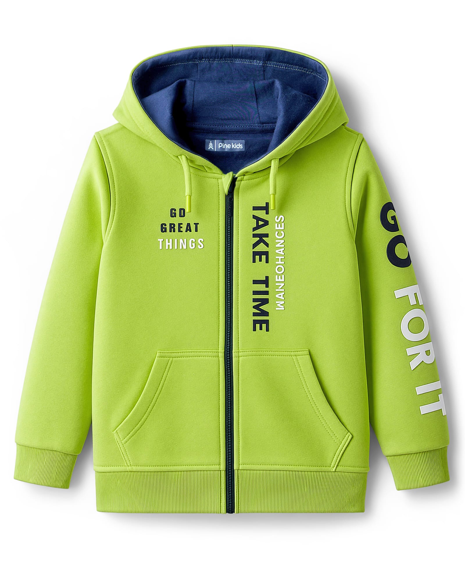 Pine Kids Cotton Knit Full Sleeves Hooded Sweatjacket With Text Print & Kangaroo Pockets - Limegreen-picture-32