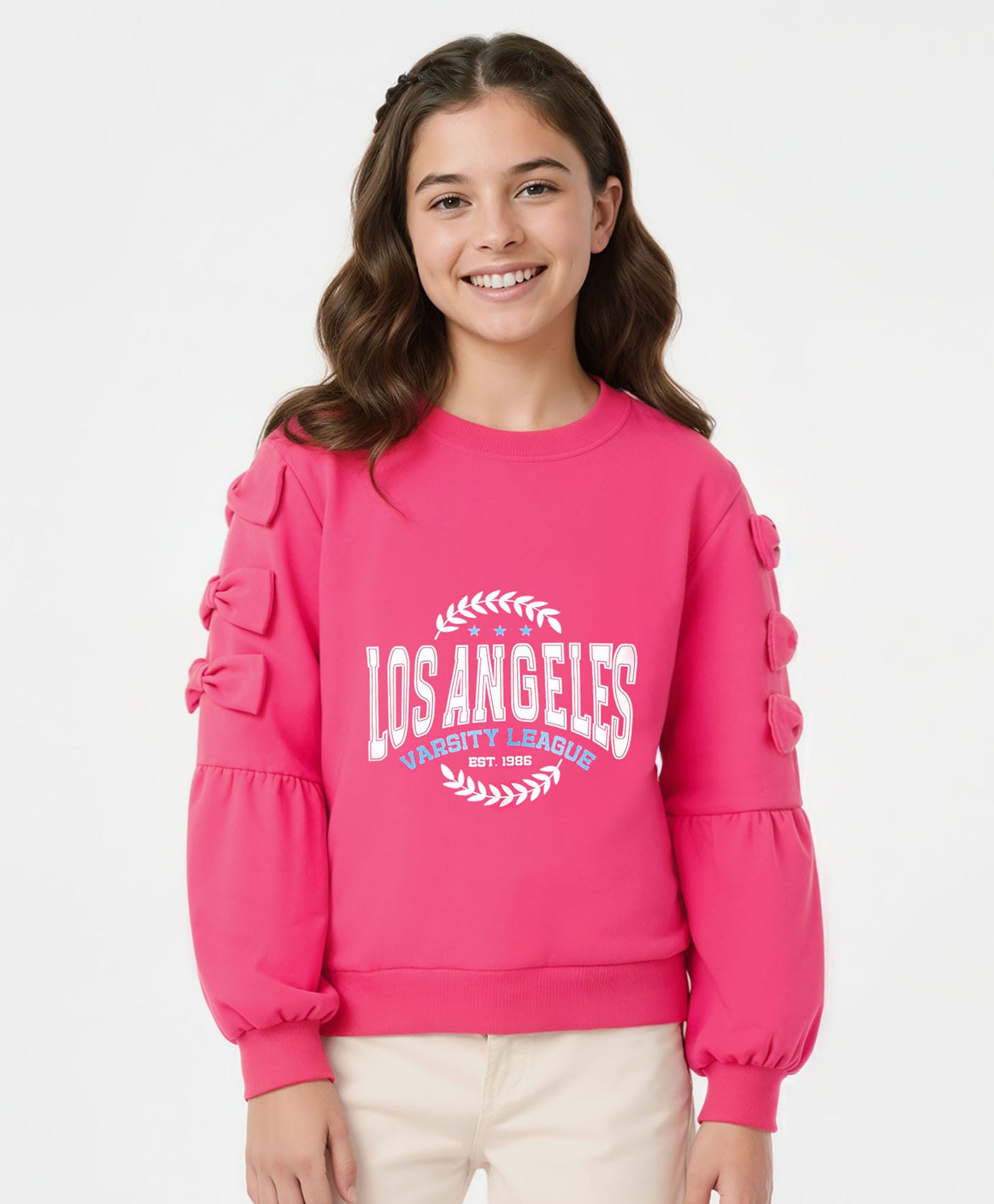 Pine Kids Cotton Knit Full Sleeves Sweatshirt With Los Angeles Text Print - Pink-picture-40
