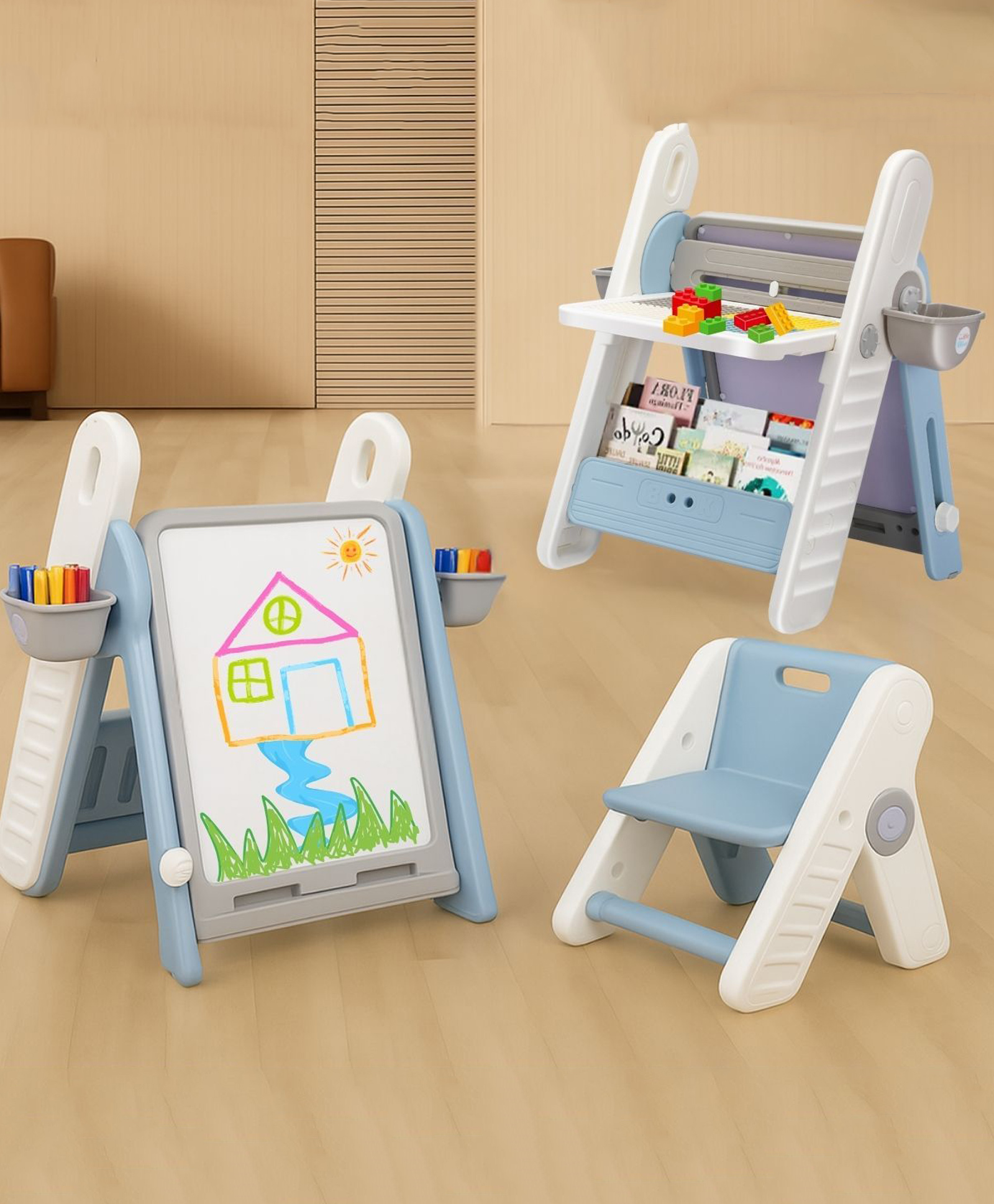 Little Olive Kid's 3-in-1 Chair, Table, Doodle Board | Learn, Play, Organise in One Set - Light Blue