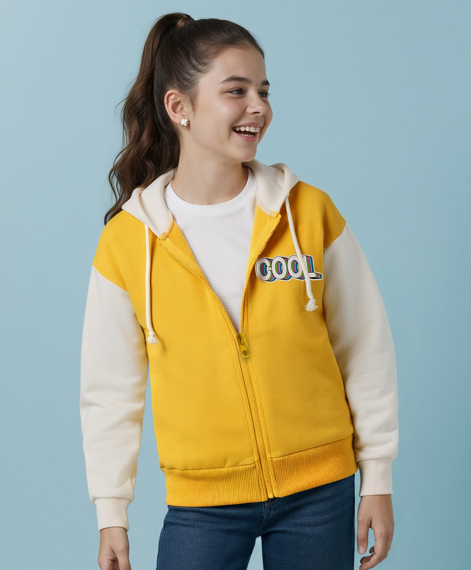Pine Kids Cotton Knit Full Sleeves Hooded Sweatjacket With Cool Text Print - Yellow & White-picture-39