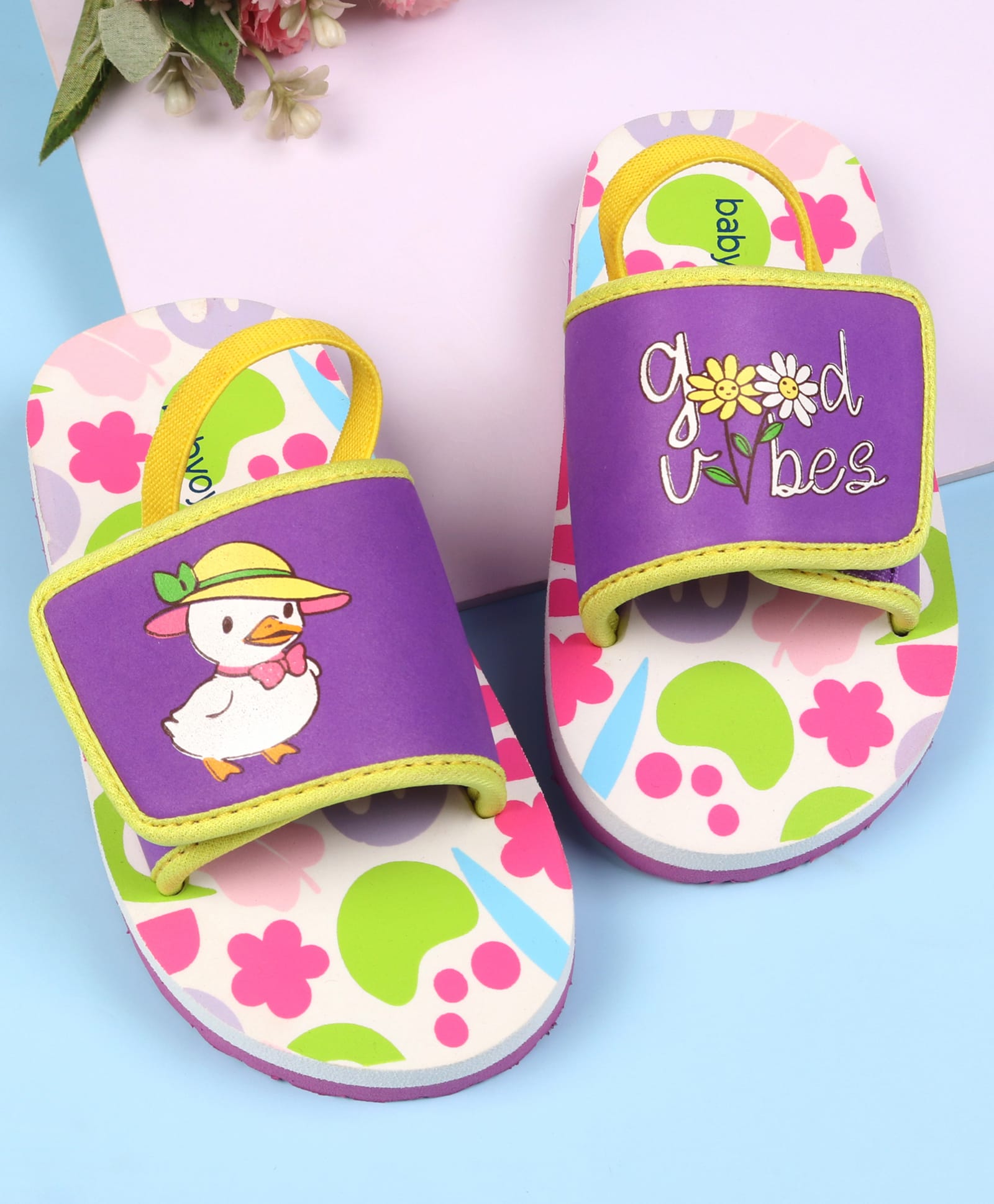Babyoye Velcro Closure Flip Flops With Duck & Floral Print - Purple-picture-13