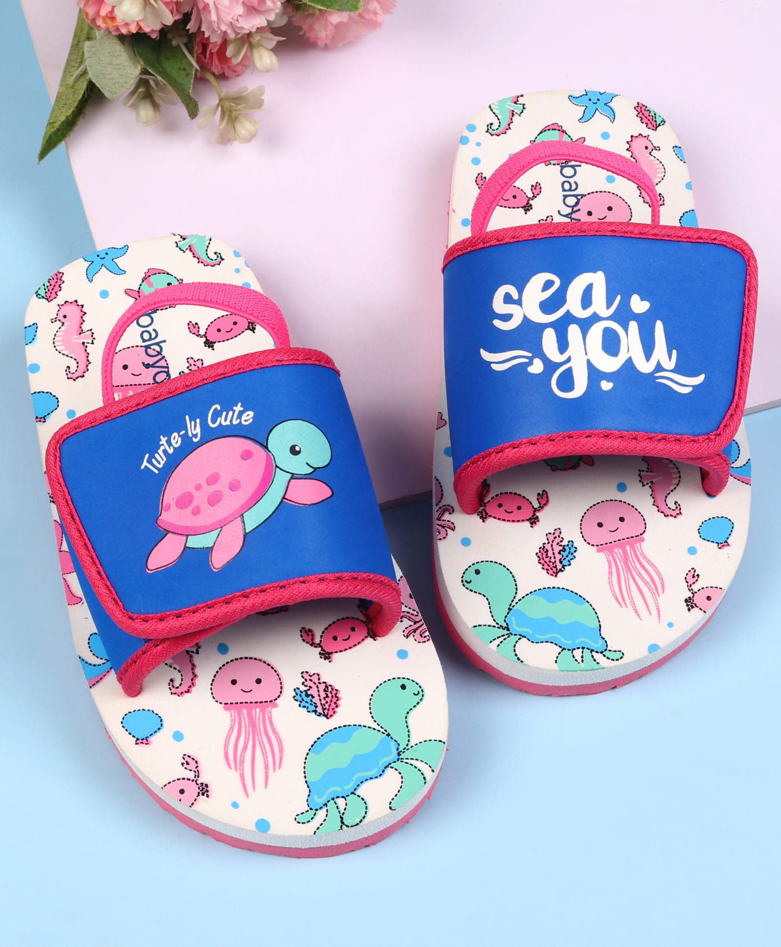 Babyoye Velcro Closure Flip Flops With Sea Animals Print - White & Blue-image-38