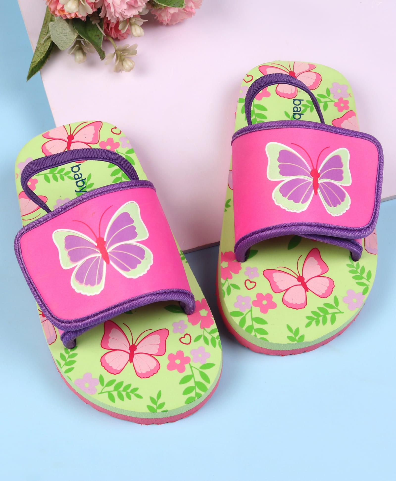 Babyoye Butterfly & Floral Printed Flip Flops with Back Strap - Fuchsia-picture-26
