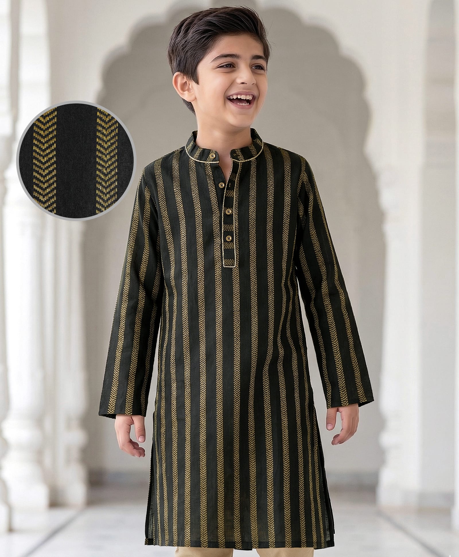 EARTHY TOUCH Cotton Woven Full Sleeves Kurta With Stripes - Black-image-3