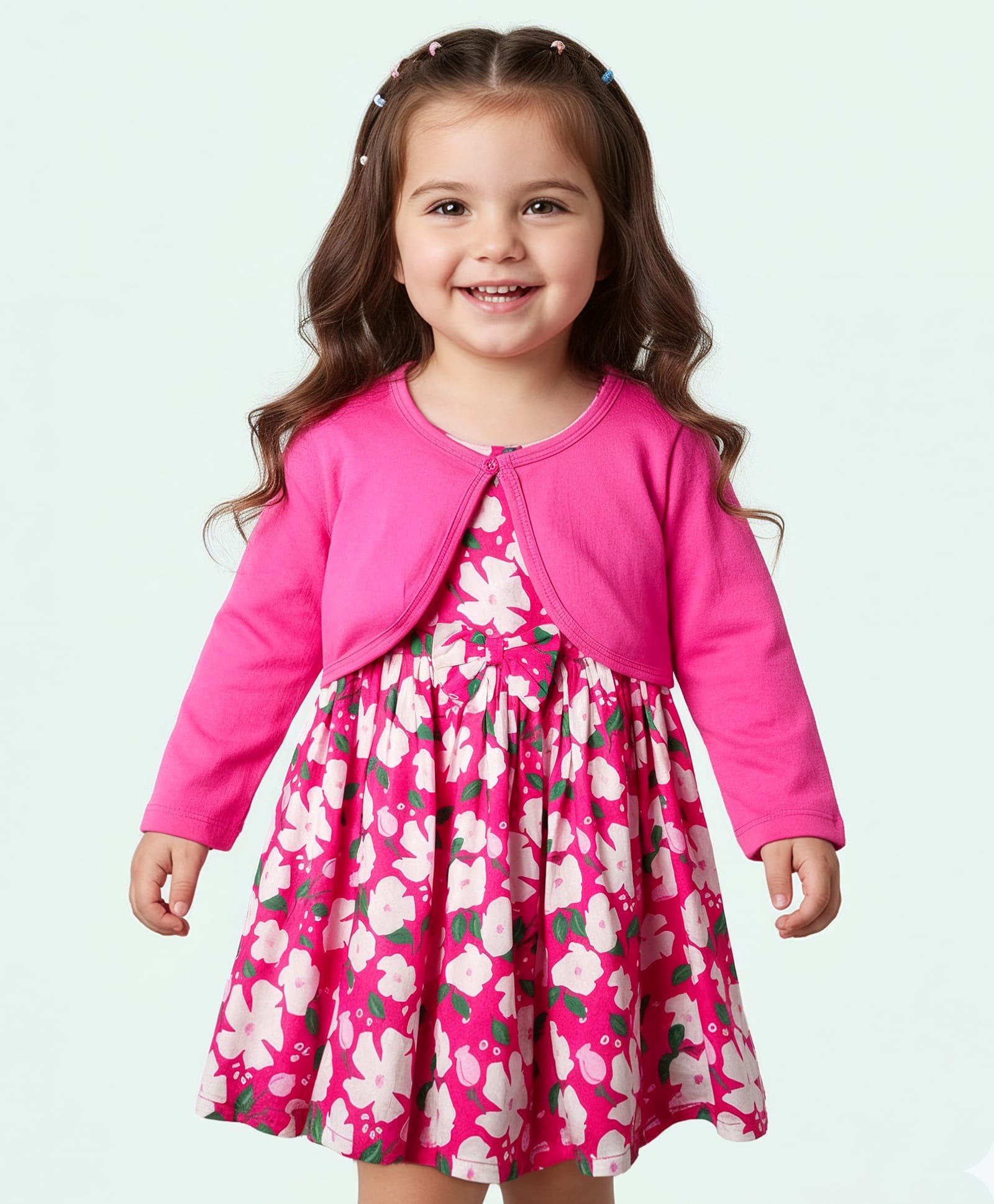 Babyhug Cotton Knit Floral Printed Dress With Full Sleeves Solid Coloured Shrug - Fuchsia-image-43