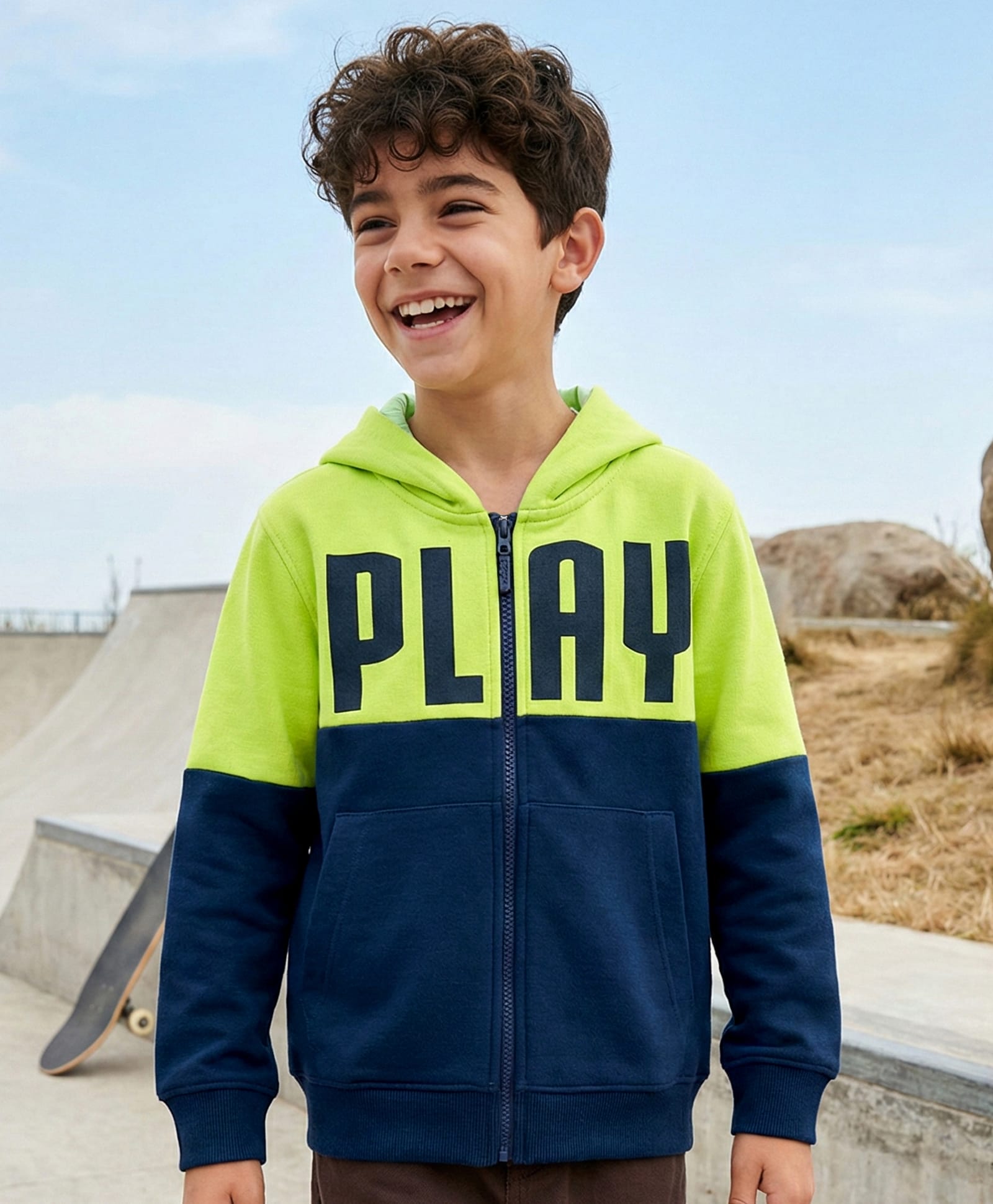Pine Kids Knit Full Sleeves Hooded Sweatjacket with Play Text Print & Kangaroo Pockets - Navy Blue & Limegreen-picture-17