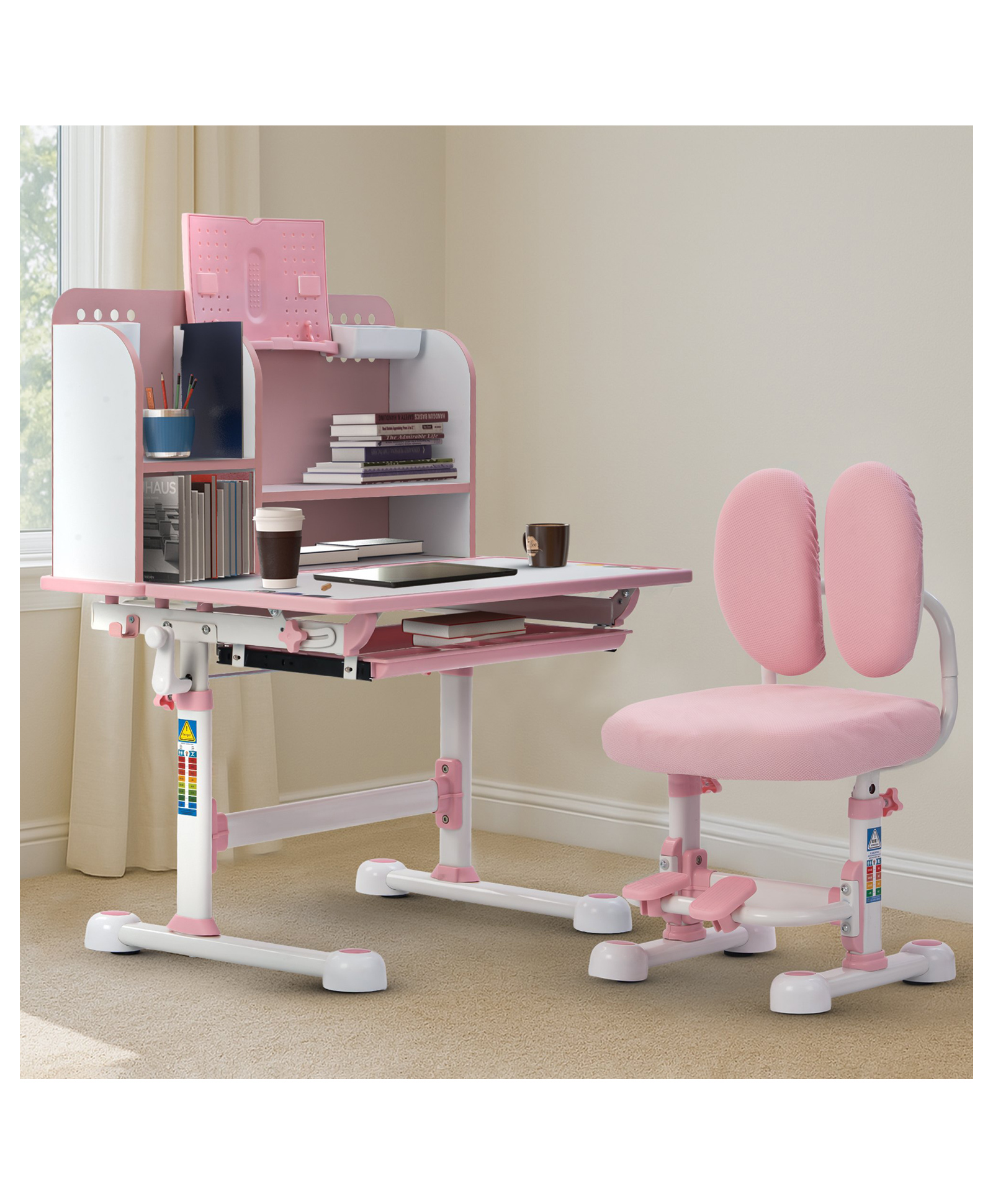 BAYBEE Kids Study Table & Chair Set for 2+ Years | Height Adjustable Ergonomic Desk with Book Holder, Storage Drawer, Footrest, Shelves & Angle-Adjustable Tabletop (Pink)