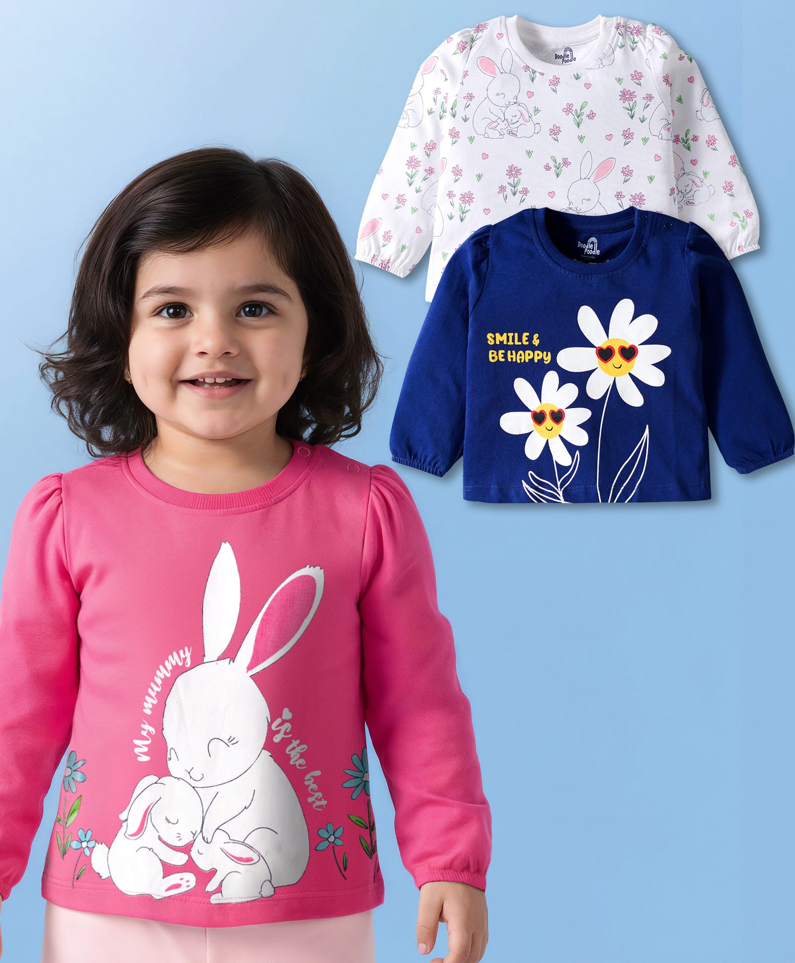 Doodle Poodle Single Jersey Knit Full Sleeves Top With Bunny & Floral Print Pack of 3 - Navy Blue Pink & White-image-49