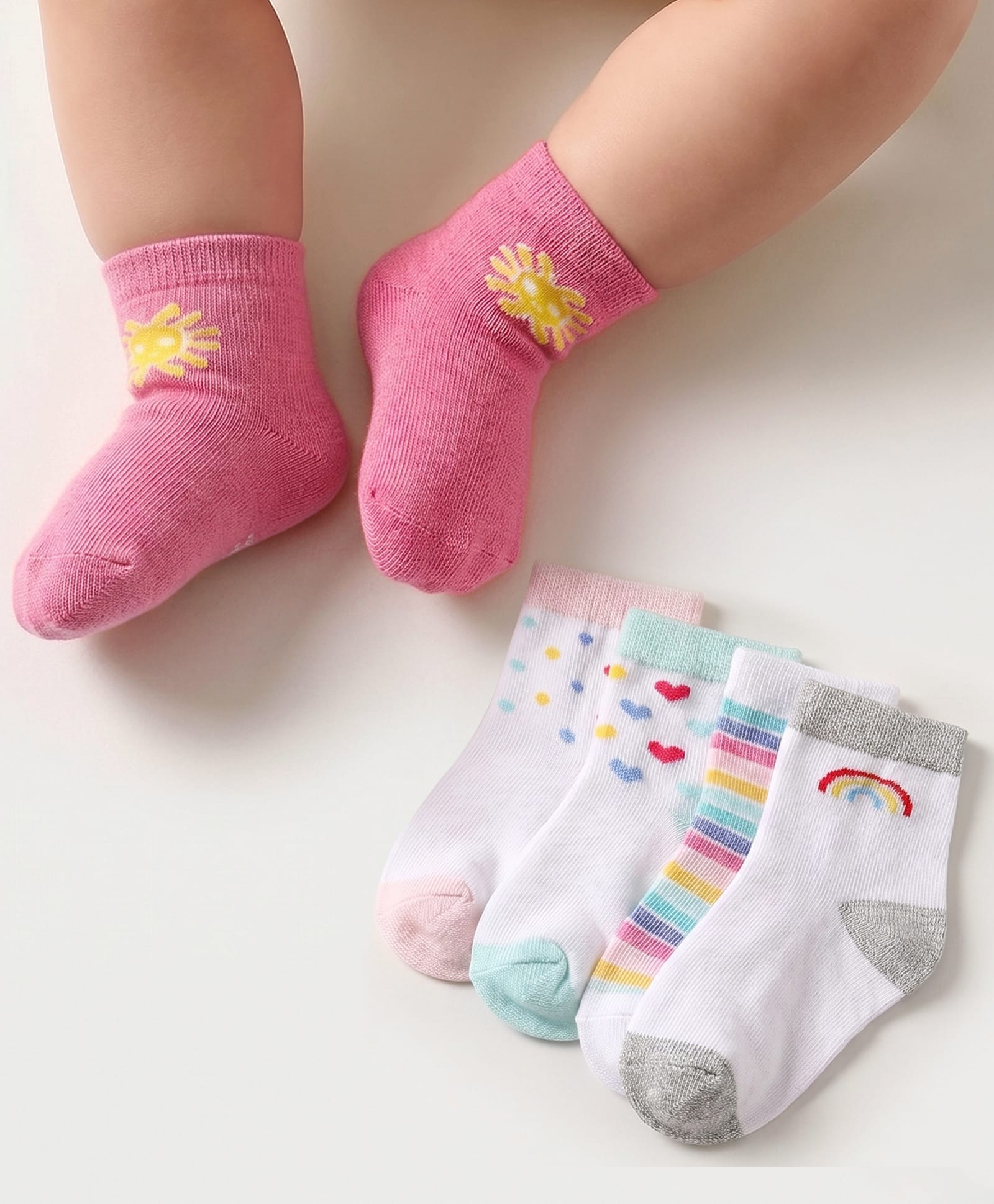 Doodle Poodle Cotton Knit Ankle Length Striped Socks with Rainbow Heart & Polka Dot Design Pack of 5 -Multicolor-picture-9