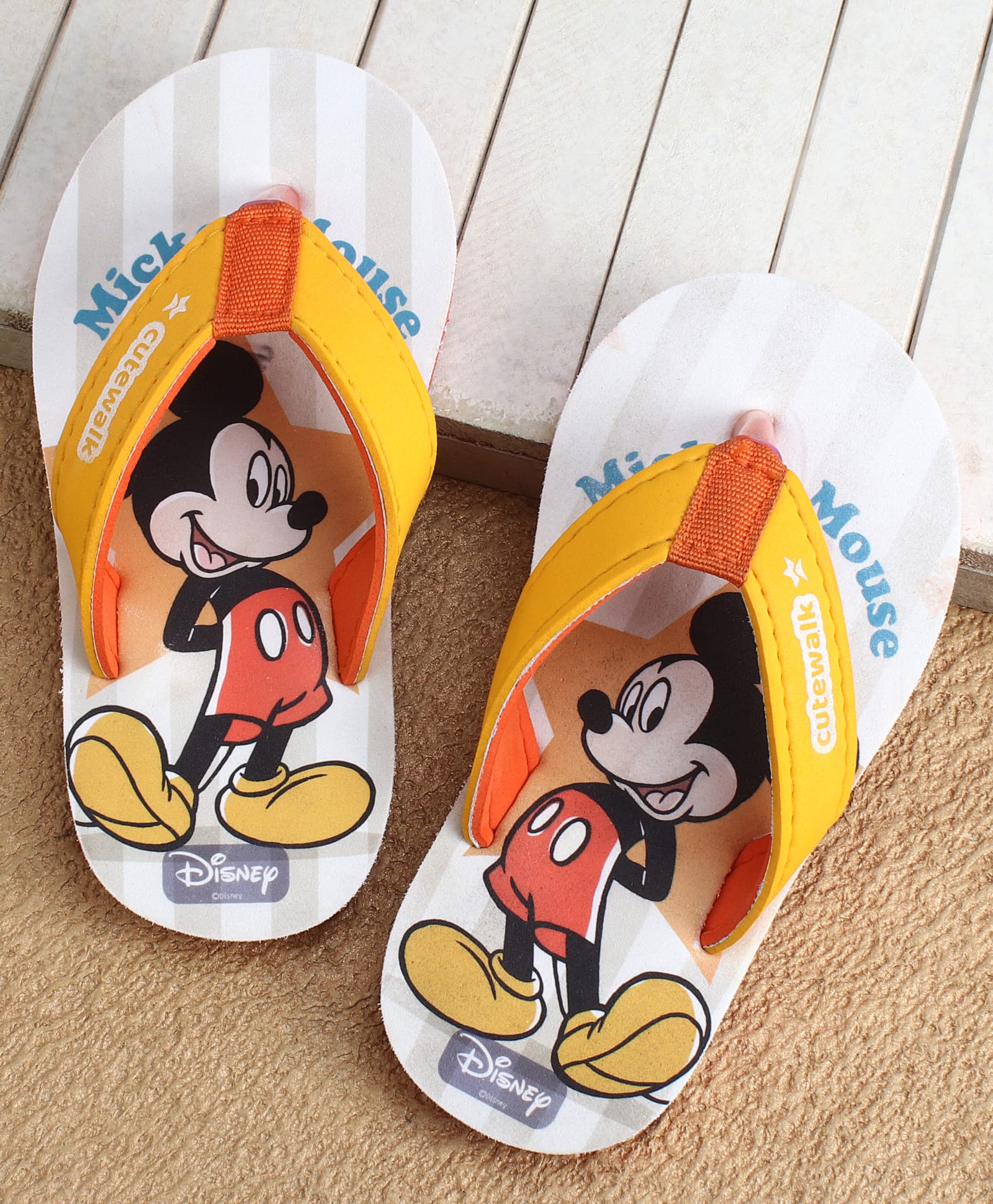 Cute Walk by Babyhug Disney Flip Flops With Mickey Mouse Print - Yellow & Beige-image-37