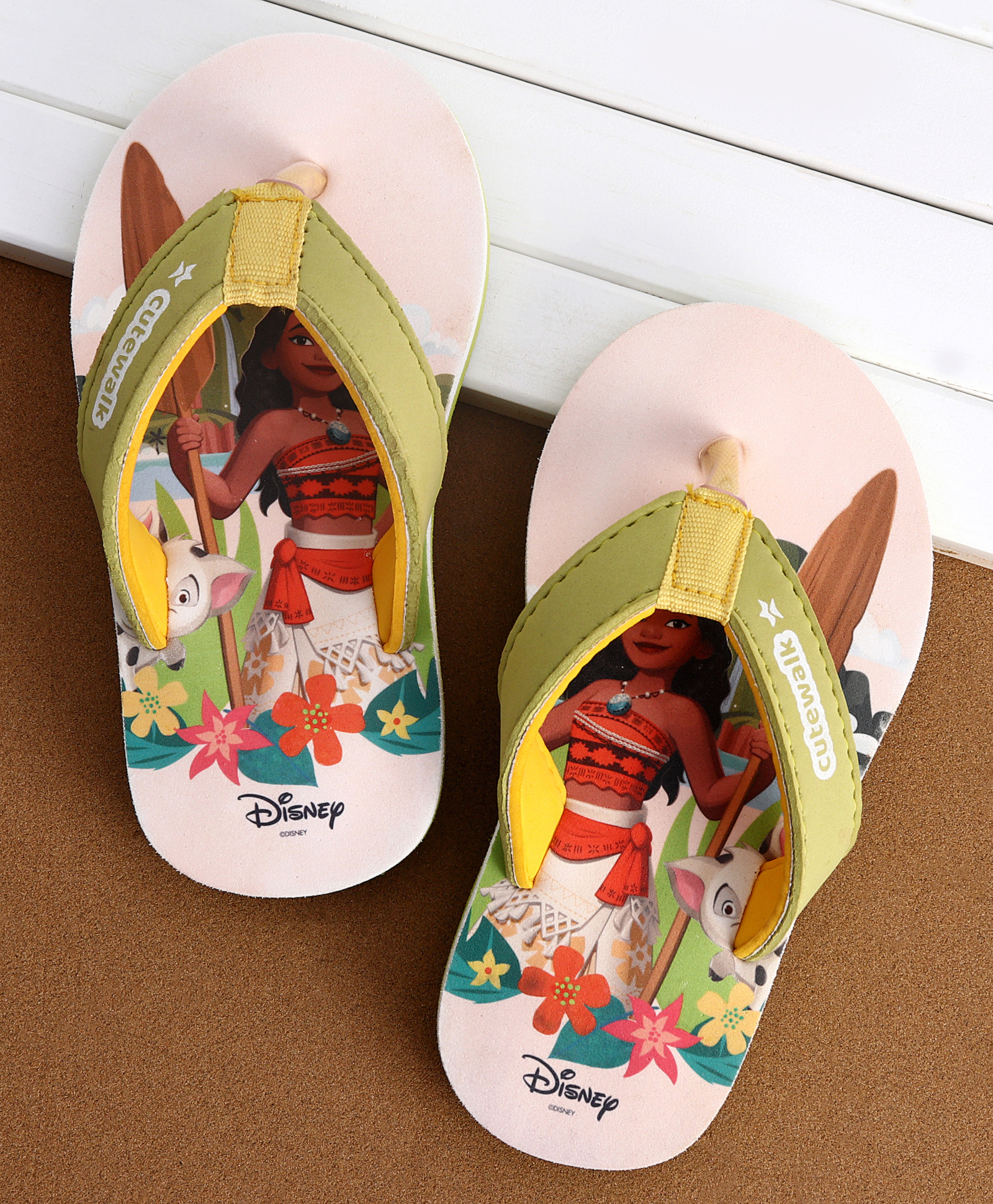 Cute Walk by Babyhug Disney Flip Flops With Moana Graphics - Beige & Green-image-13