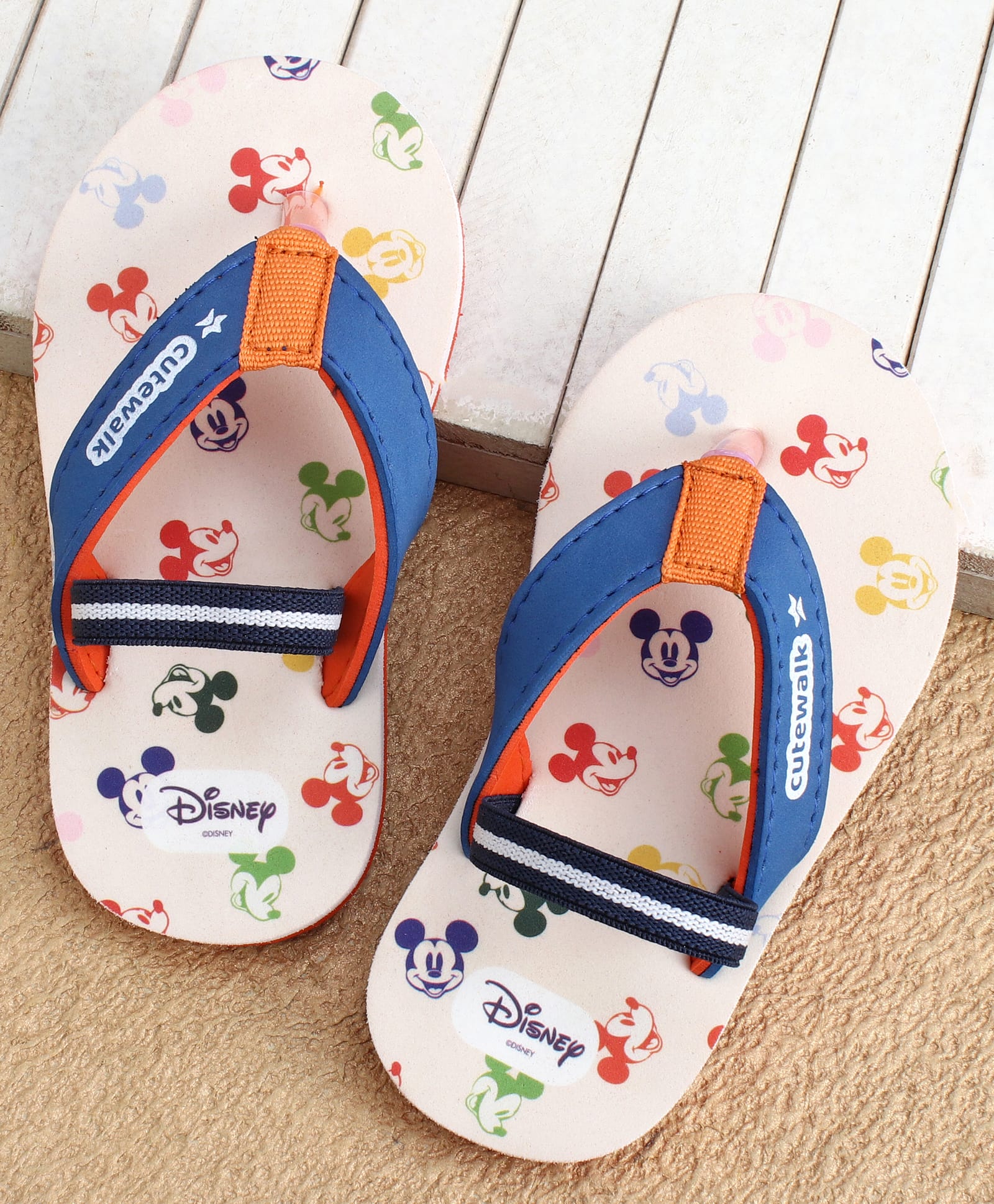 Cute Walk by Babyhug Disney Back Strap Closure Flip Flops With Mickey Mouse Print - Blue & Beige-image-29