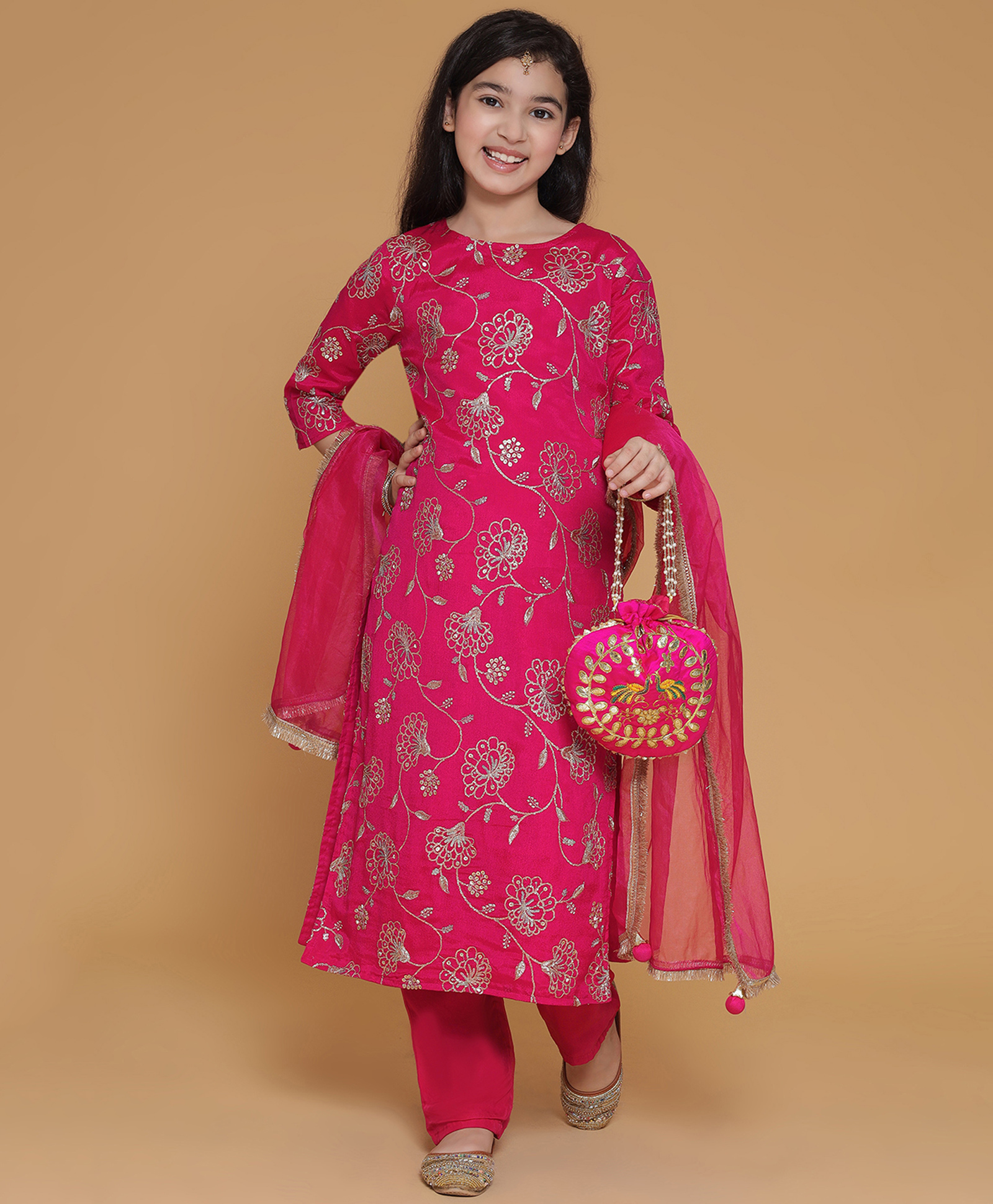 Piccolo Woven Three Fourth Sleeves Floral Embroidered & Sequins Embellished Kurti Pant With Dupatta Set - Pink-picture-24