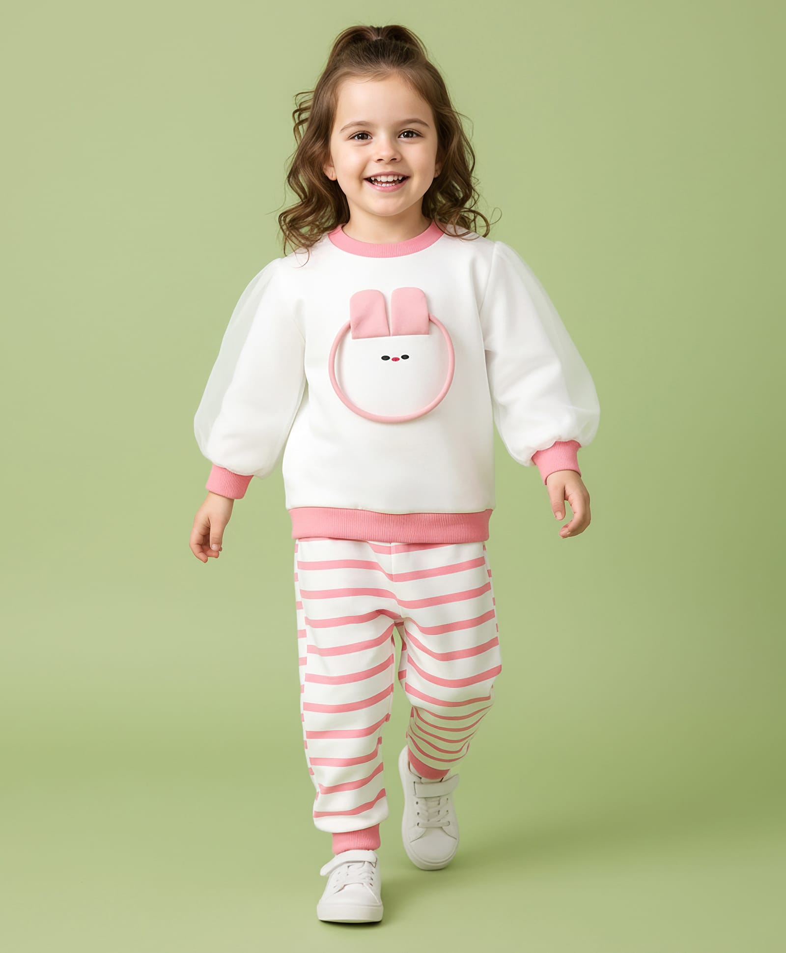 Mark & Mia Full Sleeves Winter Wear T-Shirt & Joggers Set with Stripes & Animal Applique - White & Pink-image-13
