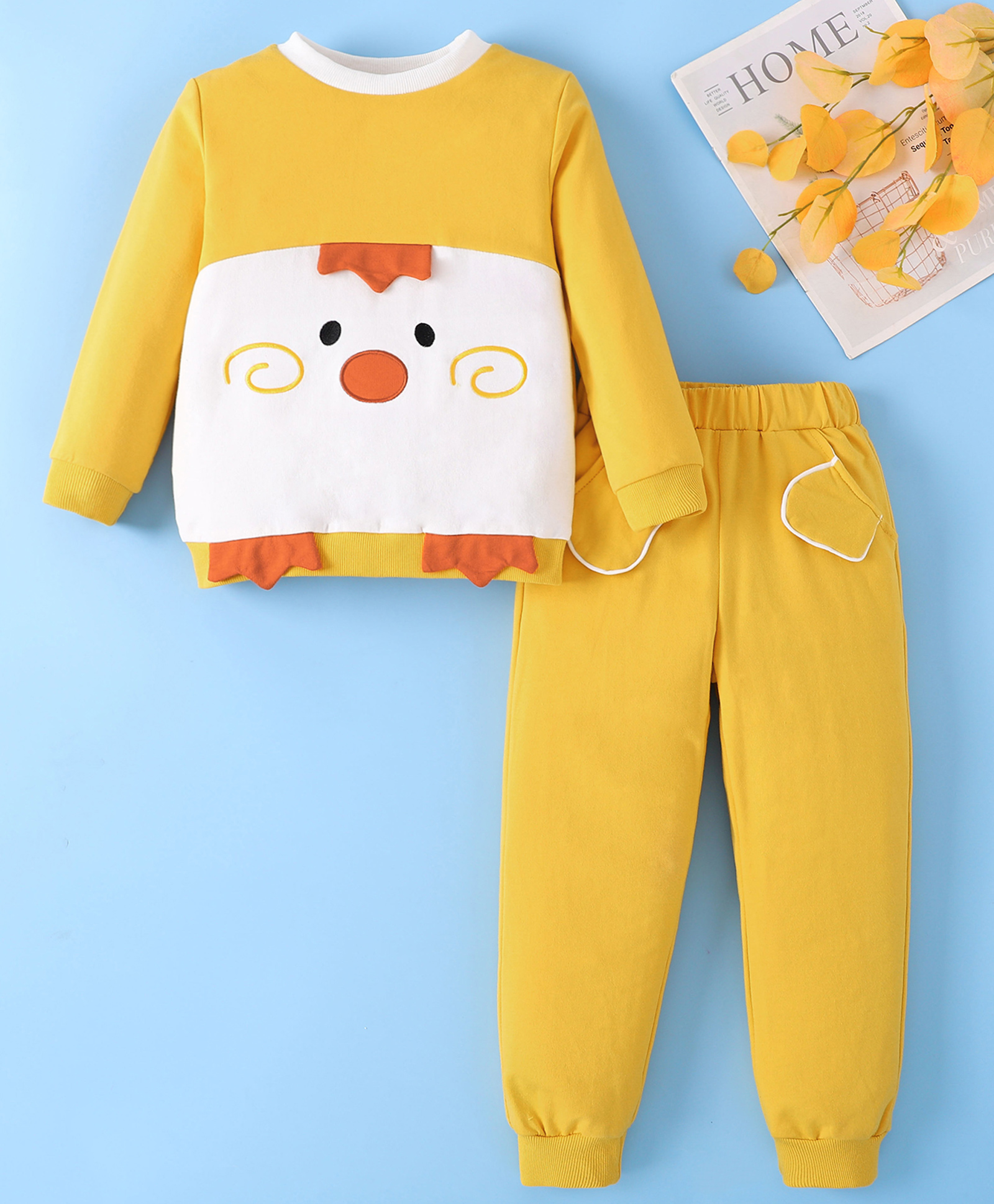 Mark & Mia Cotton Full Sleeves Winter Wear T-Shirt & Joggers Set with Bird Applique - Yellow & White-image-23