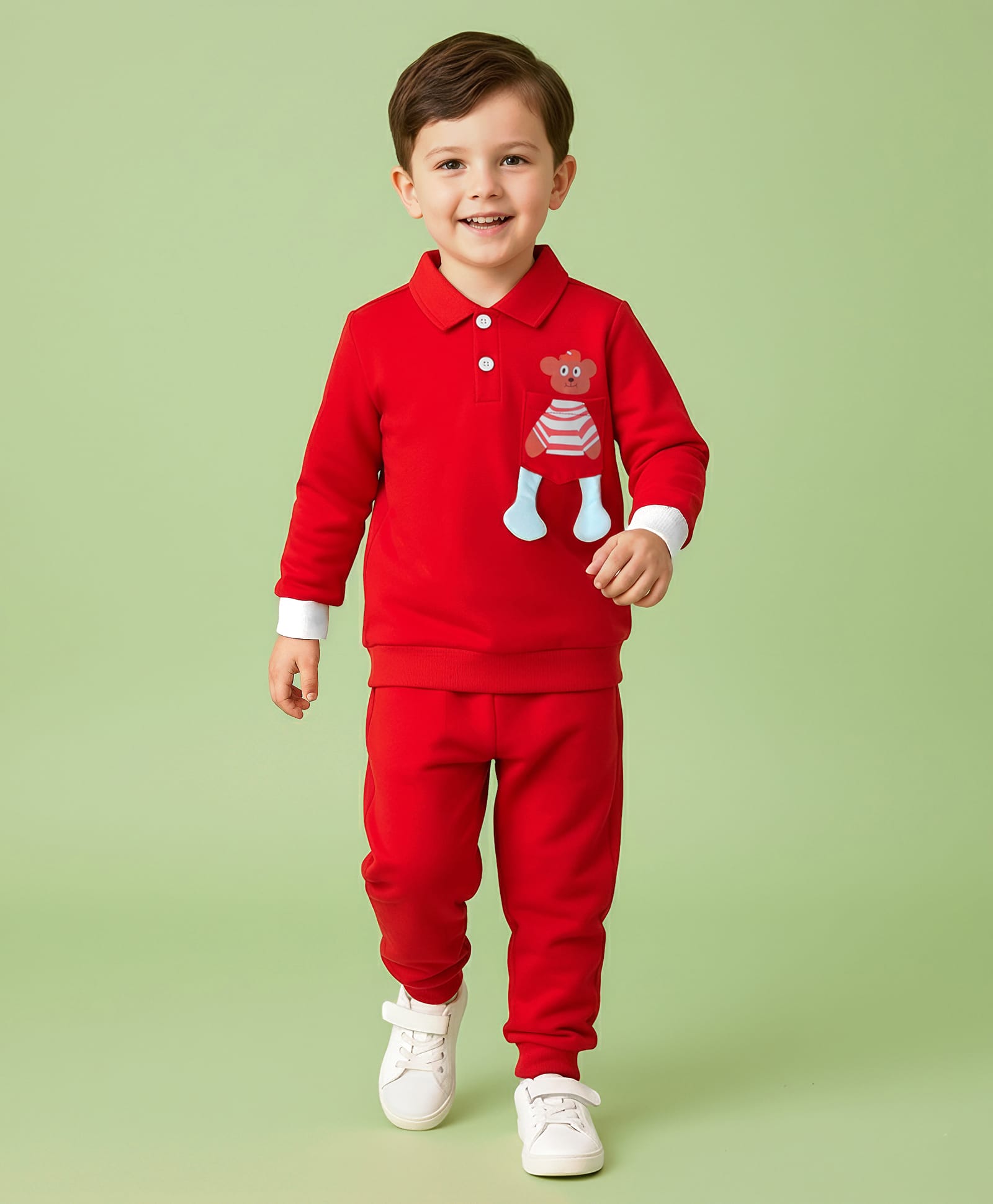 Mark & Mia Cotton Full Sleeves Winter Wear Polo T-Shirt & Joggers Set with Teddy Applique - Red-image-32