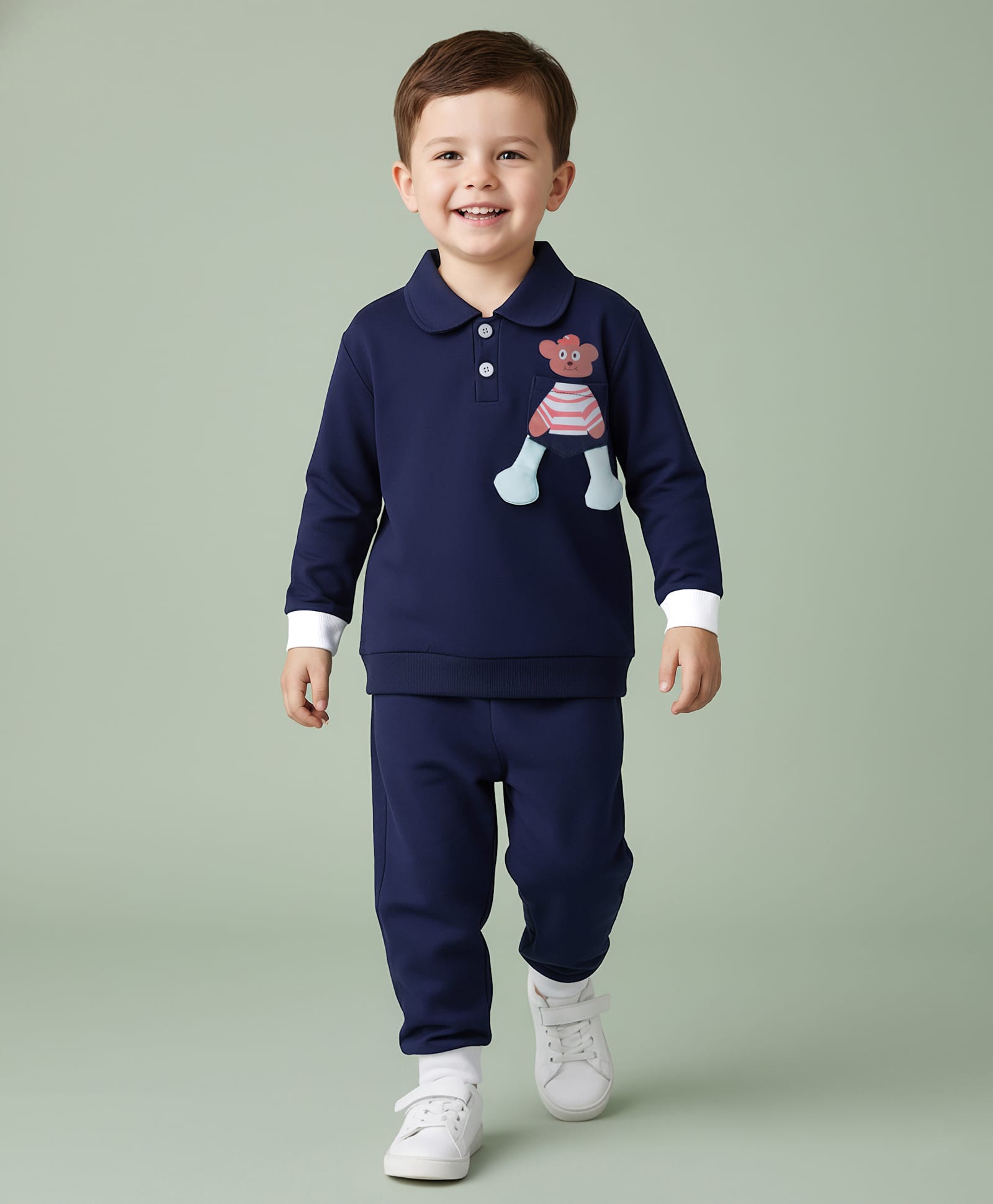 Mark & Mia Cotton Full Sleeves Winter Wear Polo T-Shirt & Joggers Set with Teddy Applique - Navy Blue