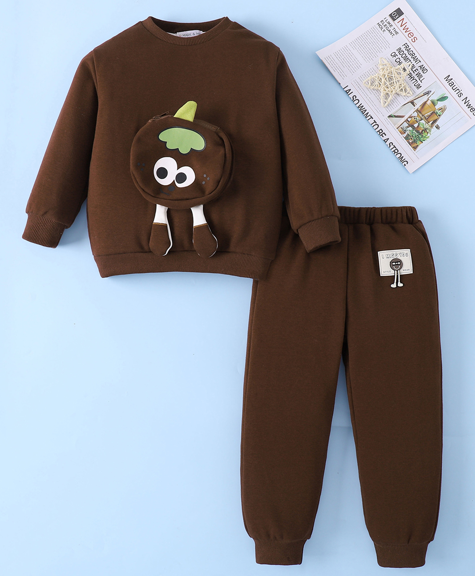 Mark & Mia Full Sleeves Winter Wear T-Shirt & Lounge Pant Set With Tomato Applique - Dark Brown-image-18