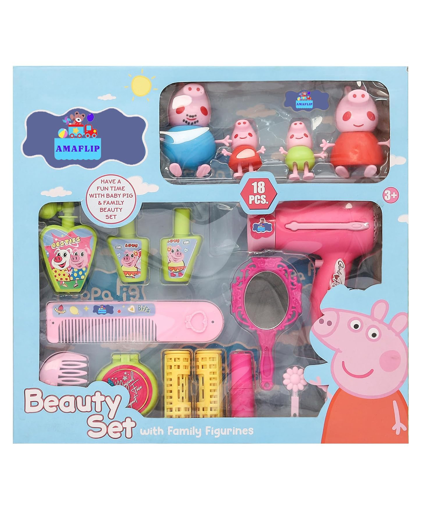 NIYAMAT Pig 4 Family Figures and Beauty Set with Makeup Accessories, Preschool Toys for Girls & Boys 3 Years and Up, Birthday Gift Toys for Kids - Multicolor-picture-0