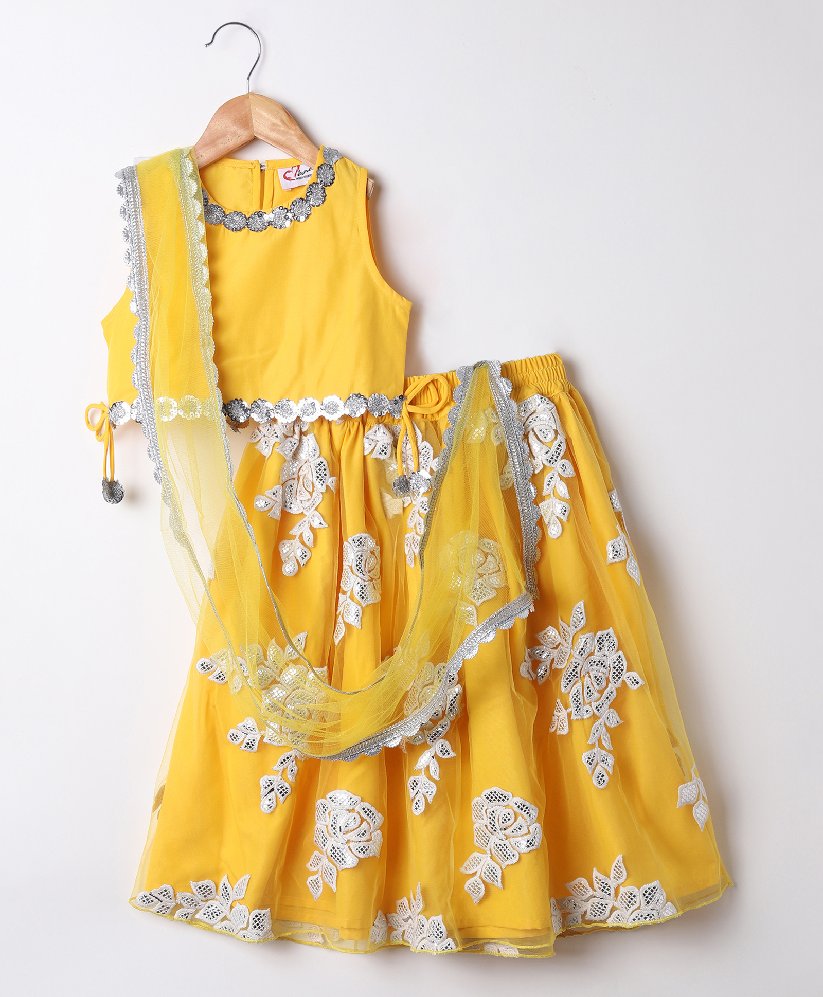 M'andy Woven Sleeveless Floral Embroidered & Sequins Embellished Lehena Choli With Dupatta Set - Yellow-picture-16