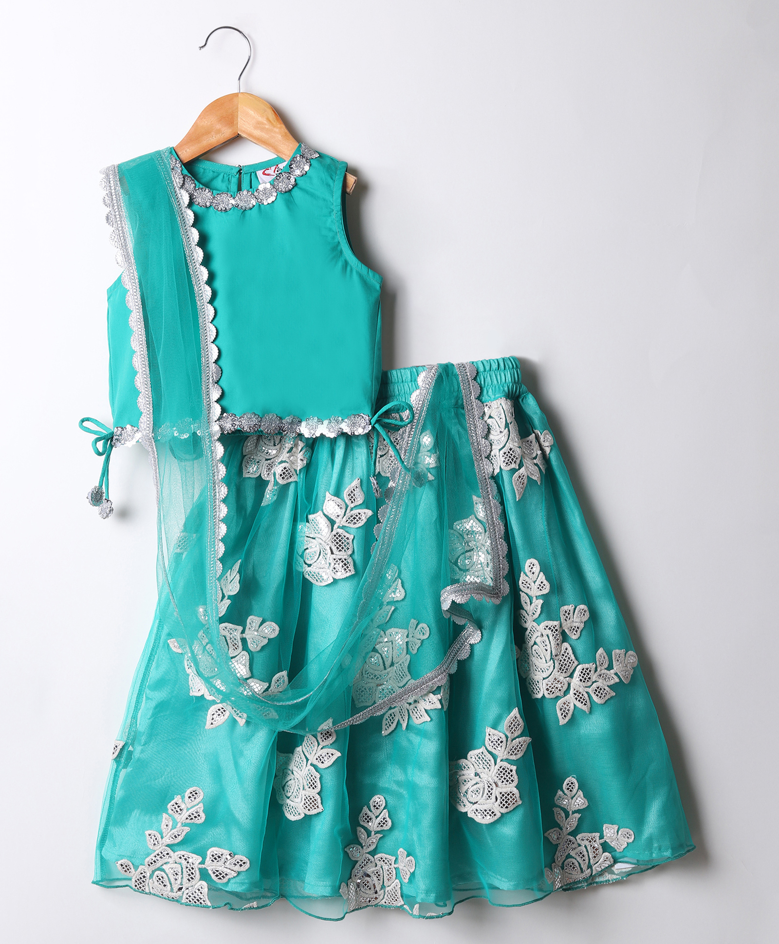 M'andy Woven Sleeveless Floral Embroidered & Sequins Embellished Lehena Choli With Dupatta Set - Blue-picture-10