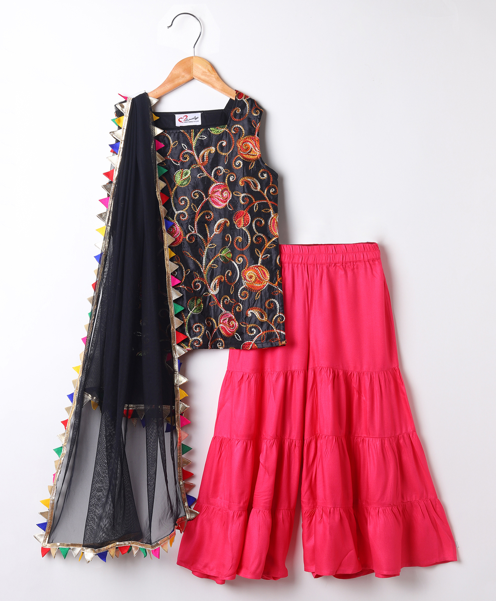 M'andy Viscose Cotton Woven Sleeveless Floral Embroidered Gota Lace Embellished Kurti Sharara With Dupatta Set - Black-picture-27