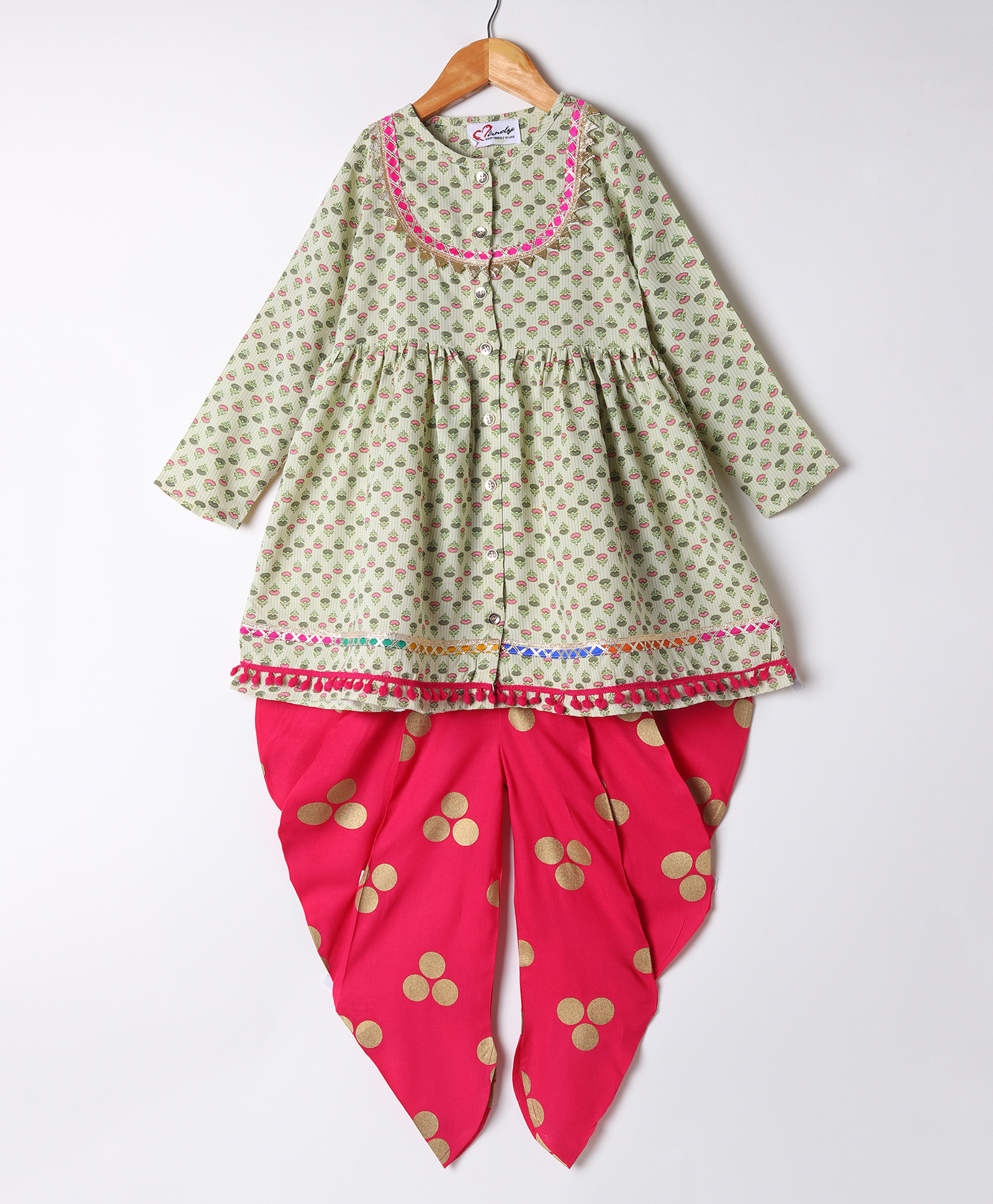 M'andy Viscose Cotton Woven Full Sleeves Floral Printed Striped & Gota Lace Embellished Dhoti Kurti Set - Off White-image-29