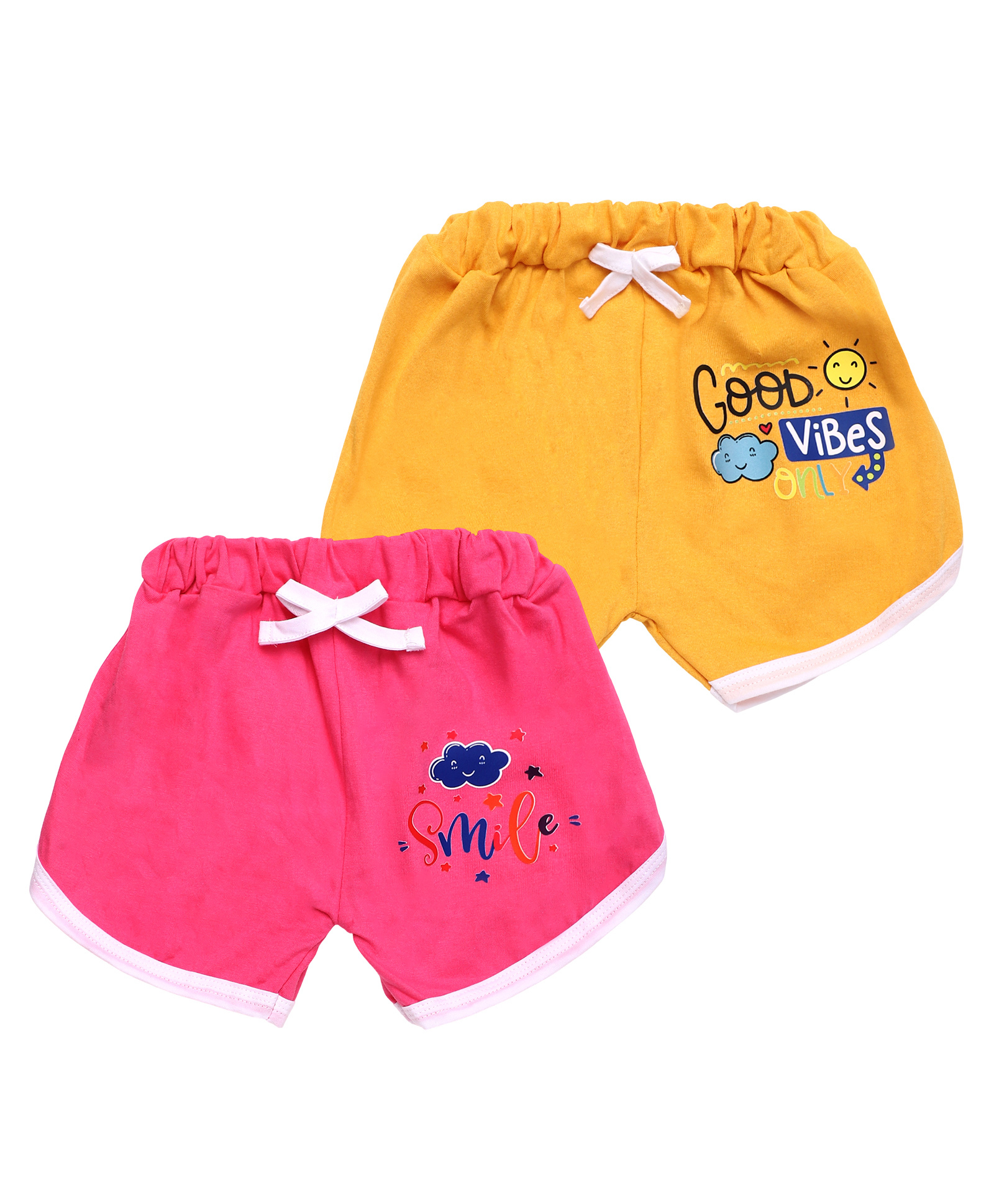 Superminis Cotton Blend Knit Pack Of 2 Good Vibes Only & Smile Text Printed Shorts - Yellow & Pink-picture-19