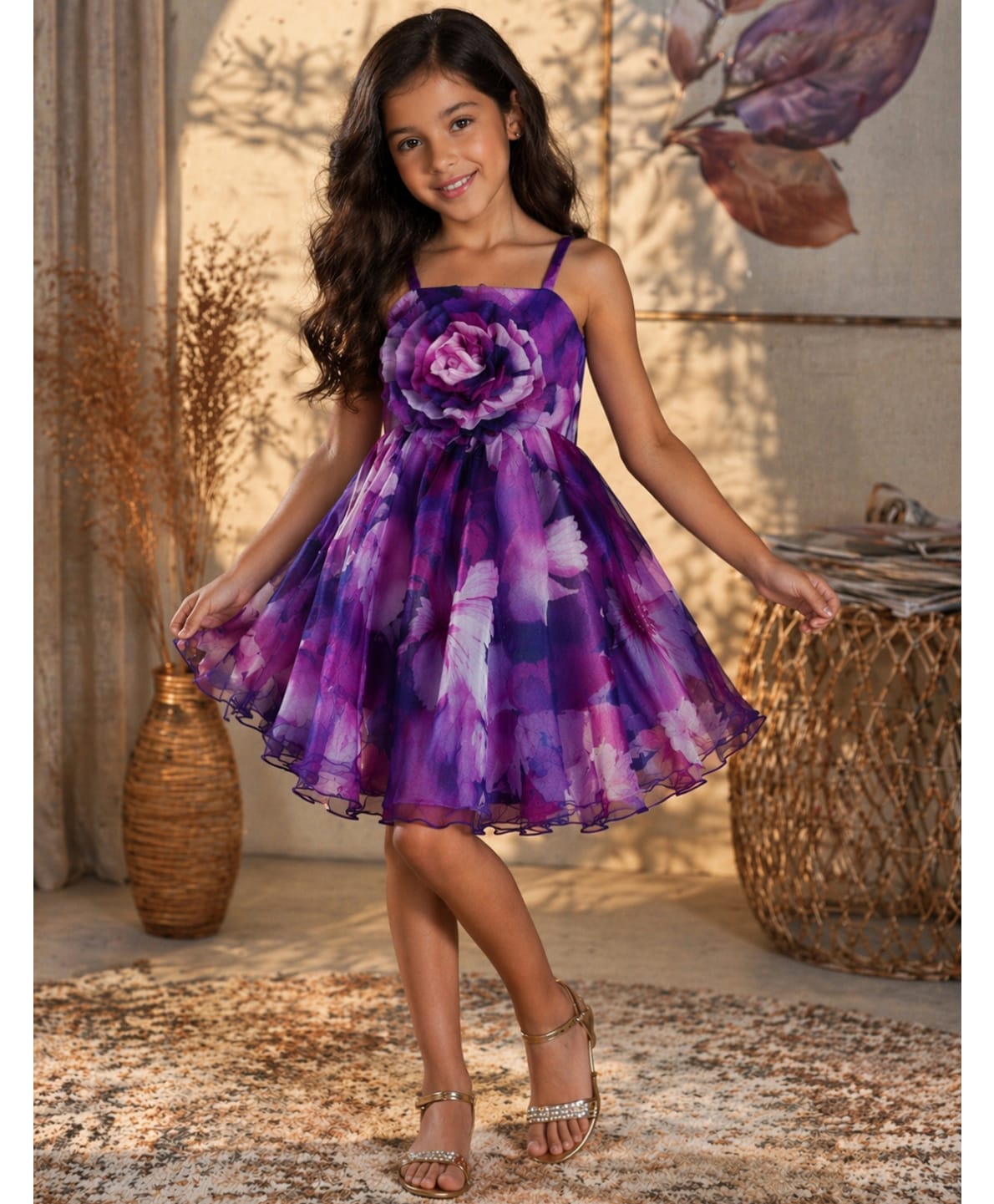Superminis Net Woven Sleeveless 3D Floral Applique Detailed Dress - Purple-picture-16