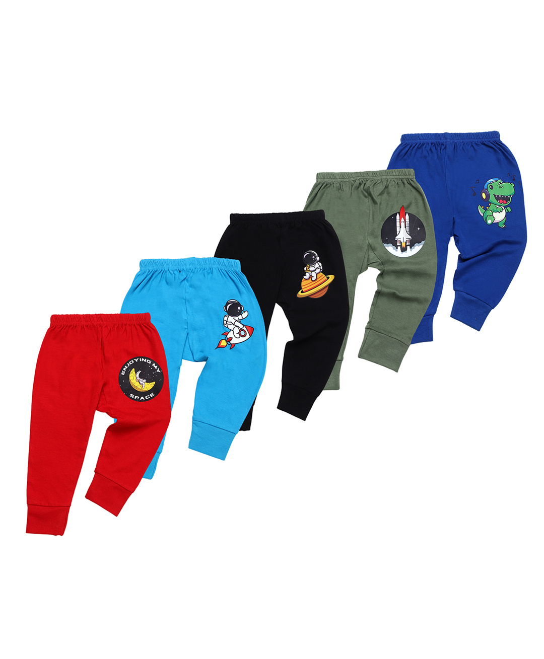 Superminis Cotton Woven Pack Of 5 Space Theme & Dinosaur Printed Pajamas - Green Black Red Sky & Navy Blue-picture-12
