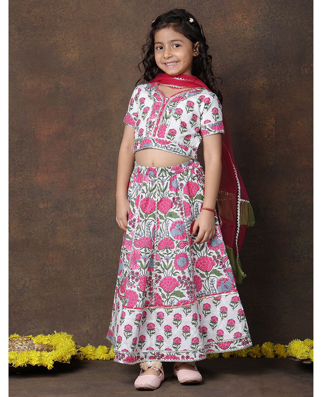 Superminis Cotton Woven Half Sleeves Floral Printed & Gota Lace Embellished Lehenga Choli With Dupatta Set - Magenta-image-9