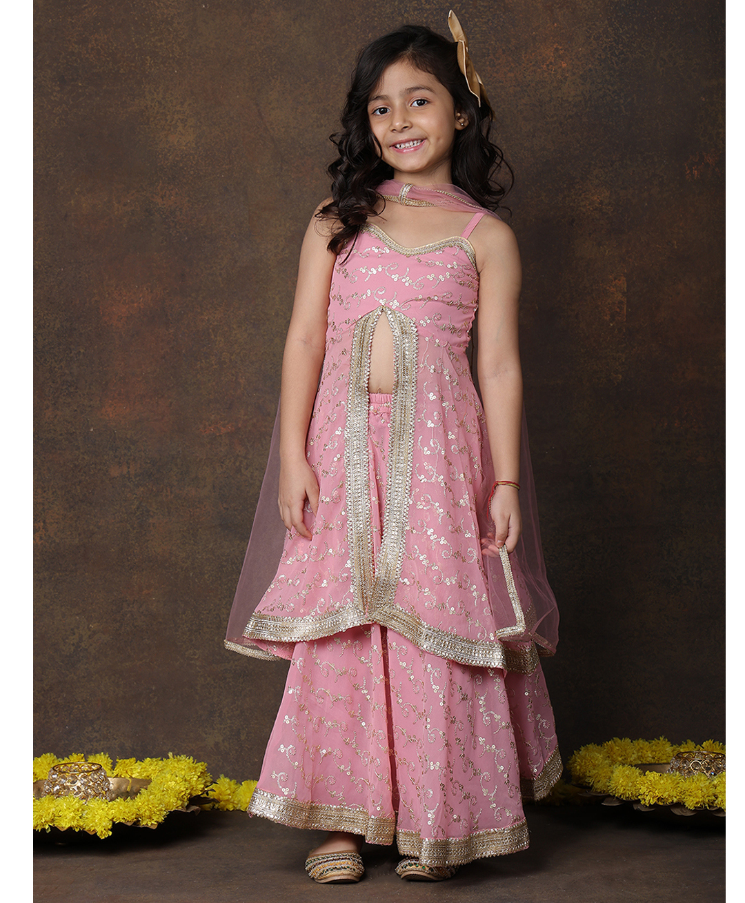 Superminis Georgette Woven Sleeveless Threadwork Embroidered Sequins & Gota Lace Embellished Center Slit Kurti Lehenga With Dupatta Set - Pink-image-3
