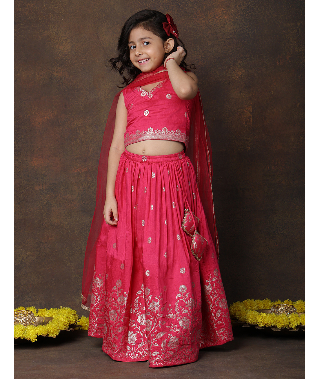 Superminis Silk Woven Sleeveless Floral Printed Coordinating Lehenga Choli With Dupatta Set - Magenta