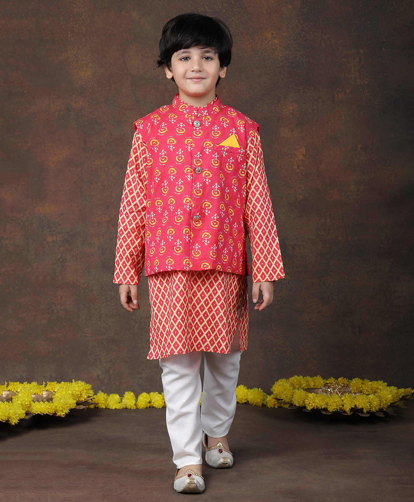 Superminis Cotton Woven Full Sleeves Geometric Printed Kurta & Pyjama With Nehru Jacket Set - Pink-image-16