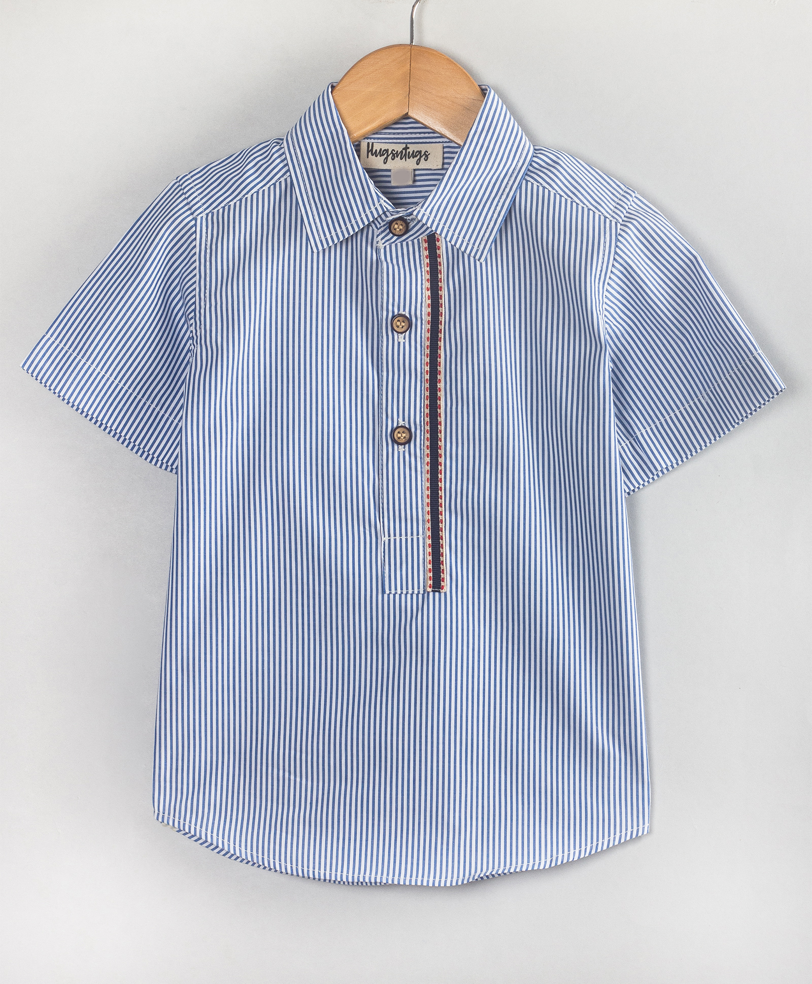 Hugsntugs Cotton Woven Half Sleeves Striped Kurta Style Shirt - White & Blue-image-39