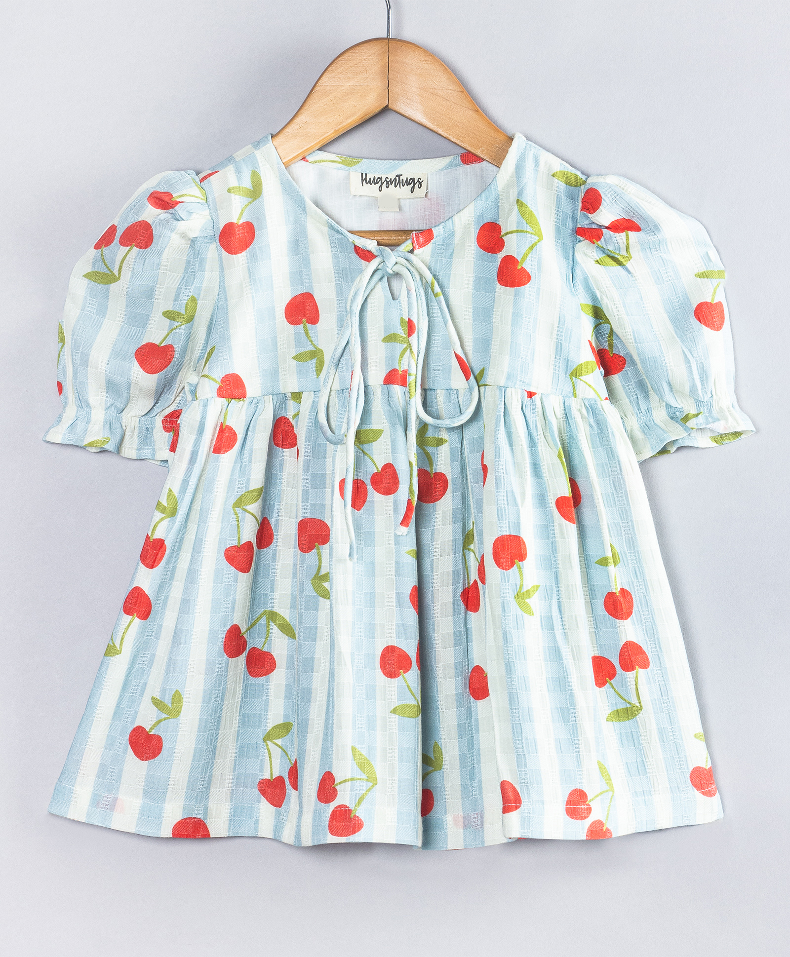 Hugsntugs Cotton Woven Half Puffed Sleeves Striped & Cherries Printed Top - White & Blue-image-5