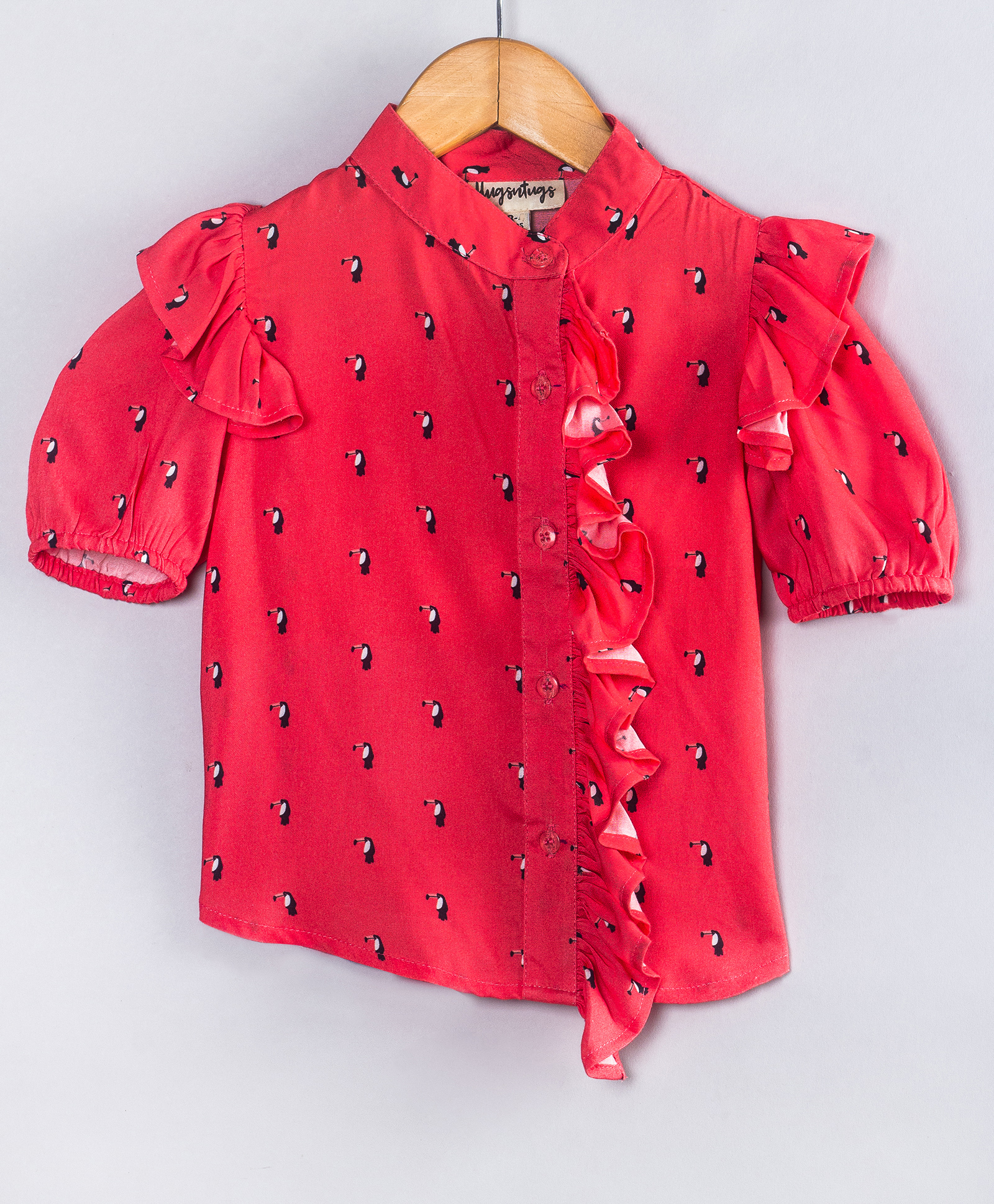 Hugsntugs Cotton Woven Half Puffed Sleeves Toucans Printed Shirt Style Top - Red-image-49