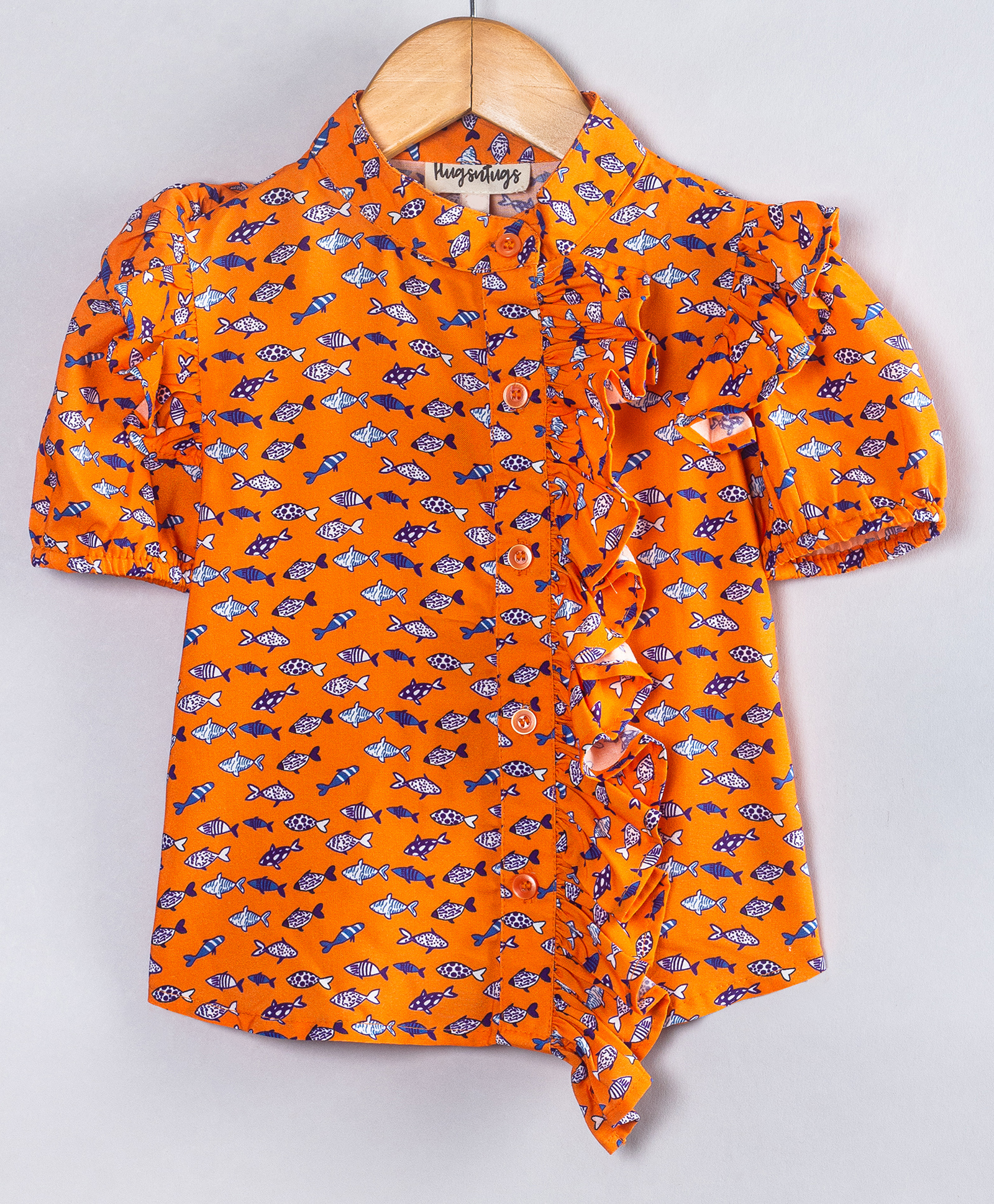 Hugsntugs Cotton Woven Half Puffed Sleeves Fish Printed Shirt Style Top - Orange-image-41