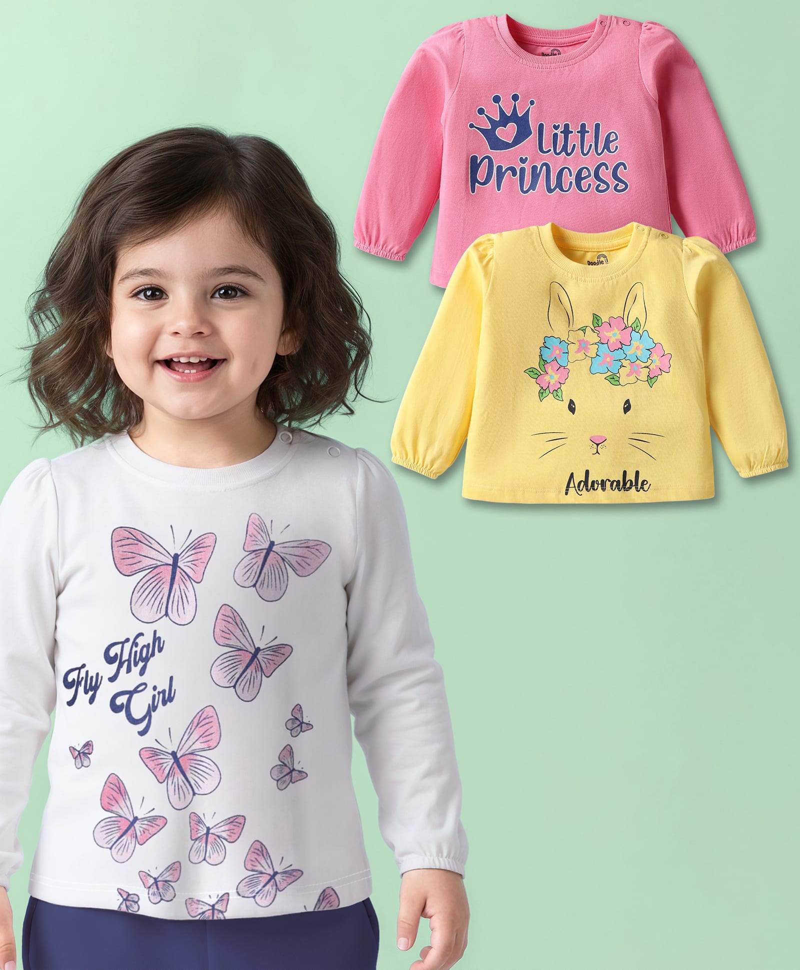 Doodle Poodle 100% Cotton Knit Full Sleeves Tops with Floral Butterfly & Text Print Pack of 3 - Yellow Pink & White-image-18