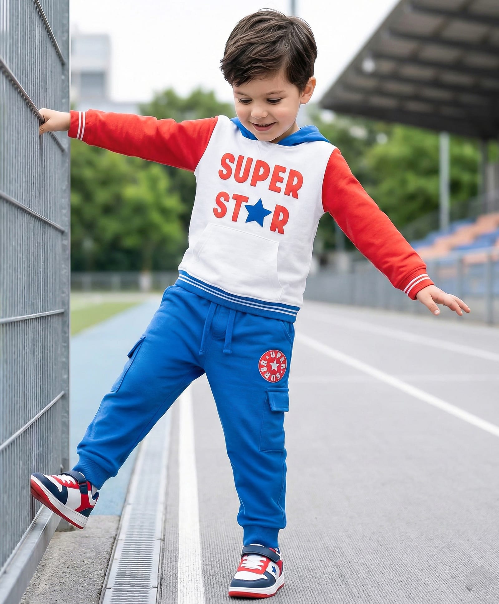 Babyhug Terry Knit Full Sleeves Hooded T-Shirt and Joggers Set With Kangaroo Pockets & Super Star Text Print - Blue & White-image-29