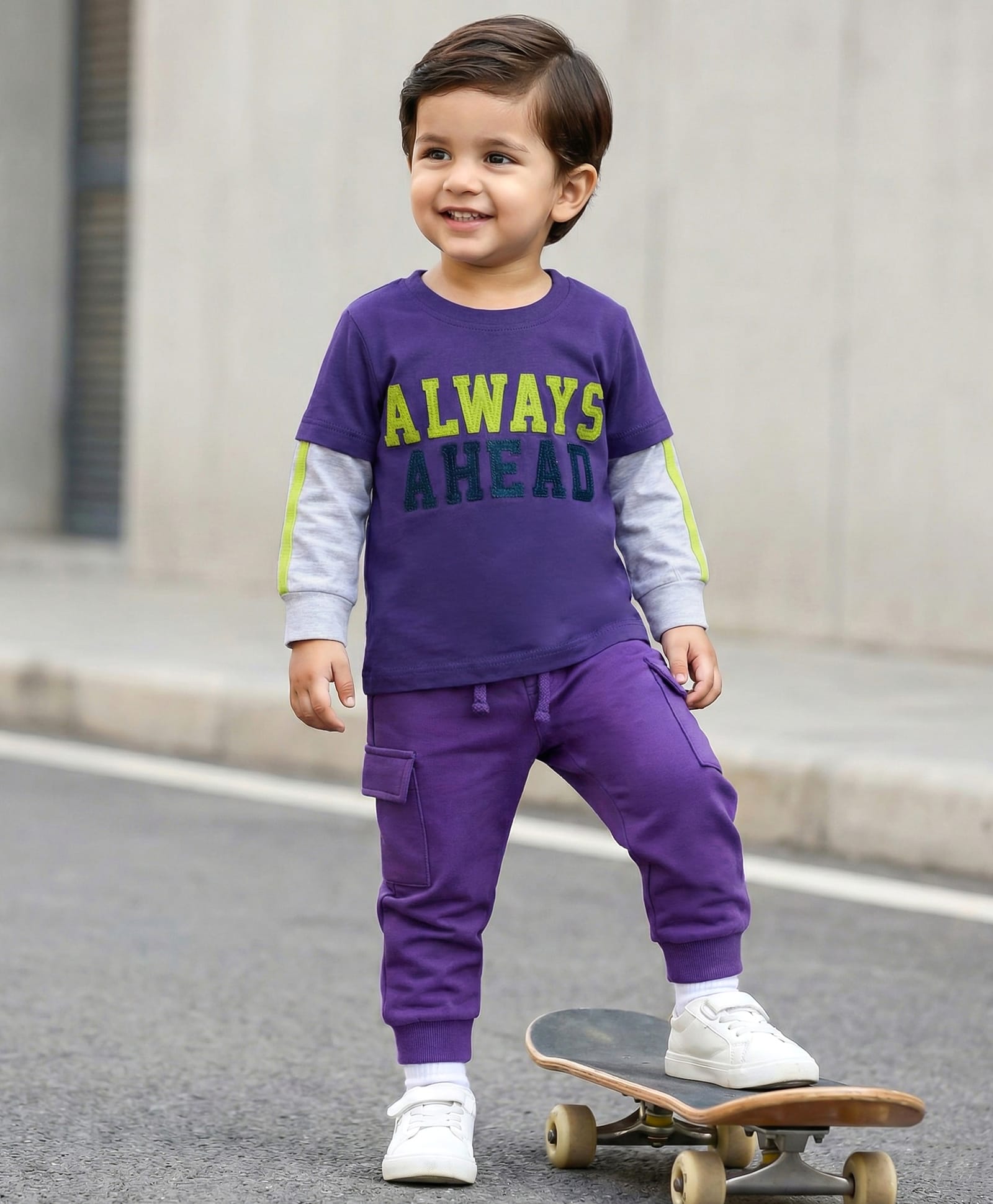 Babyhug Terry Knit Full Doctor Sleeves T-Shirt & Joggers Set with Always Ahead Text Print - Purple-picture-12